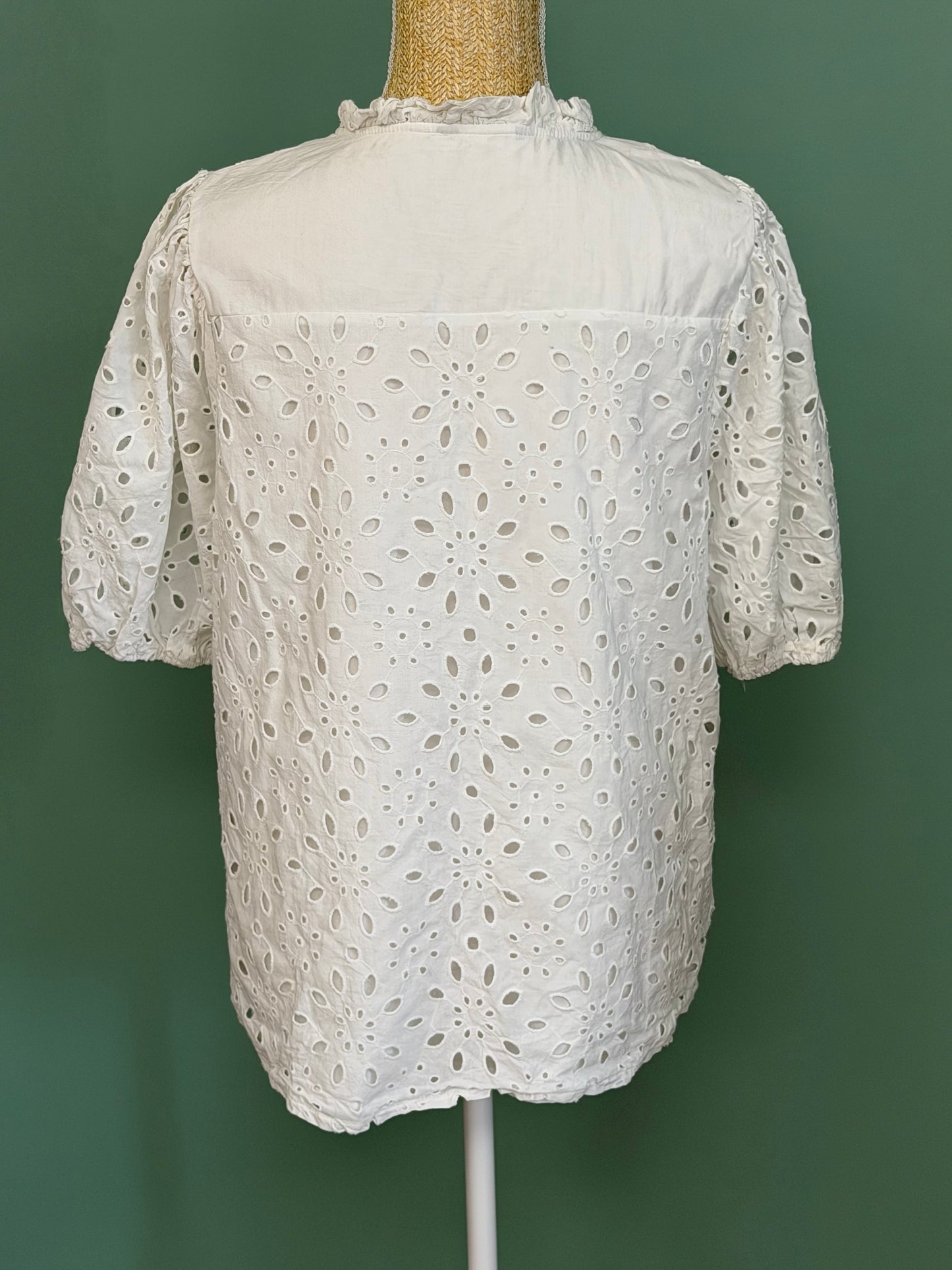 Blouse blanche en broderie anglaise à manches bouffantes femme L
