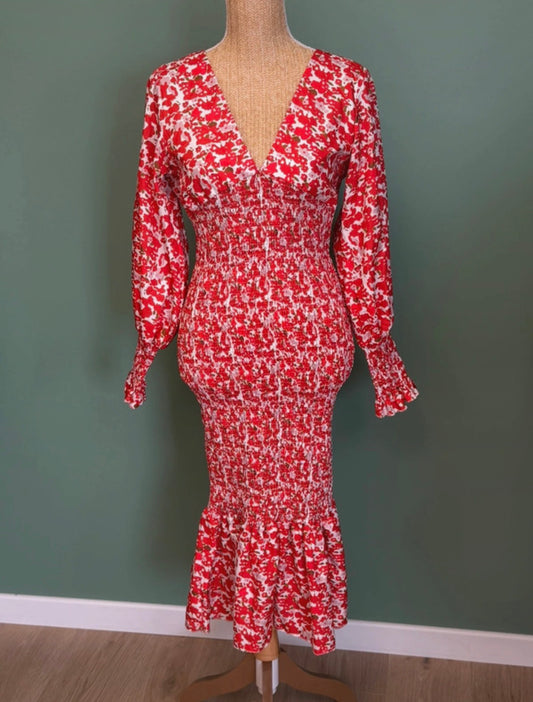 Robe longue fleurie rouge & blanche effet smocké - Taille S