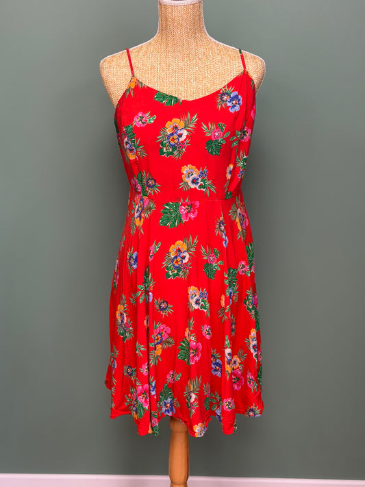 Robe Fleurie Rouge Tropicale – Bretelles Fines & Dos Smocké - Taille M