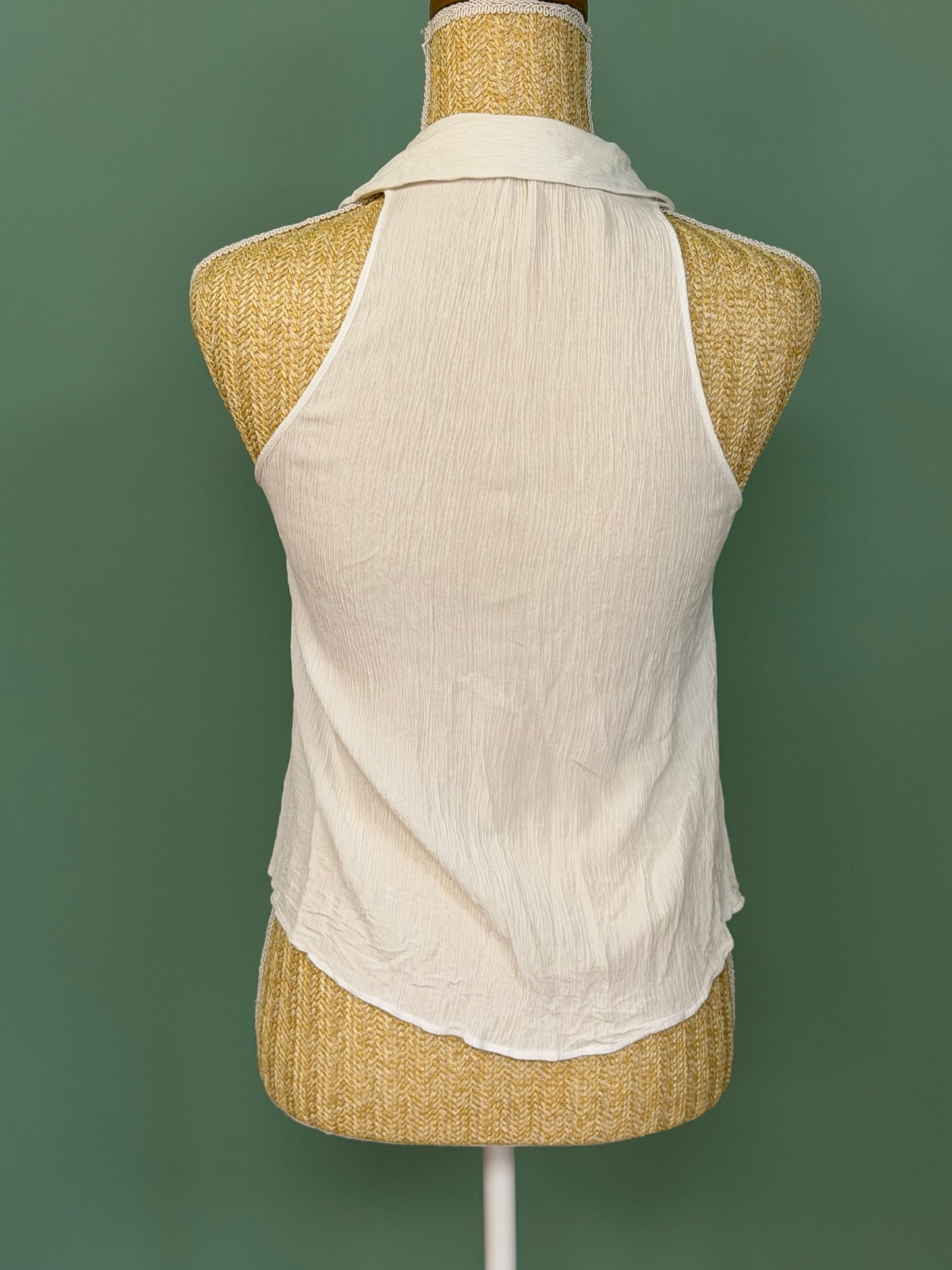 Top blanc sans manches broderie anglaise femme col chemise