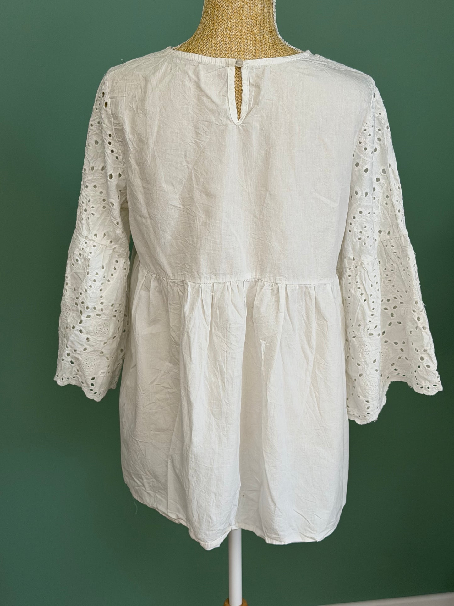 Blouse blanche en broderie anglaise manches longues femme M