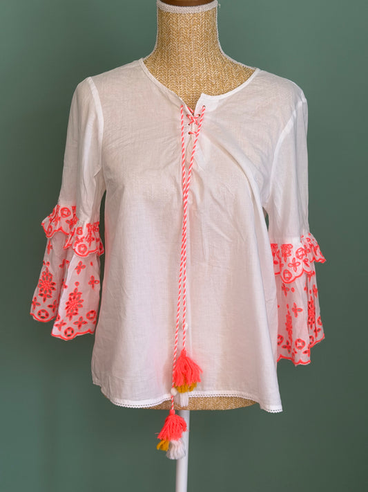 Blouse bohème blanche en coton brodé femme L