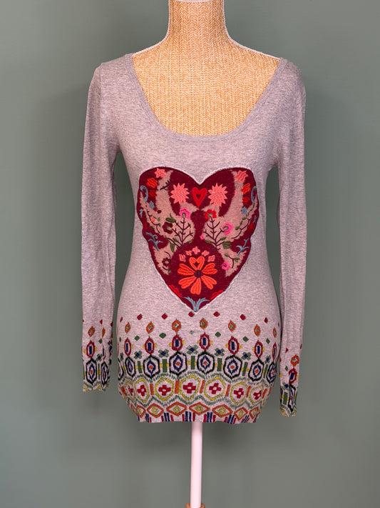 Pull Long Desigual gris chiné motif cœur fleuri - Taille M