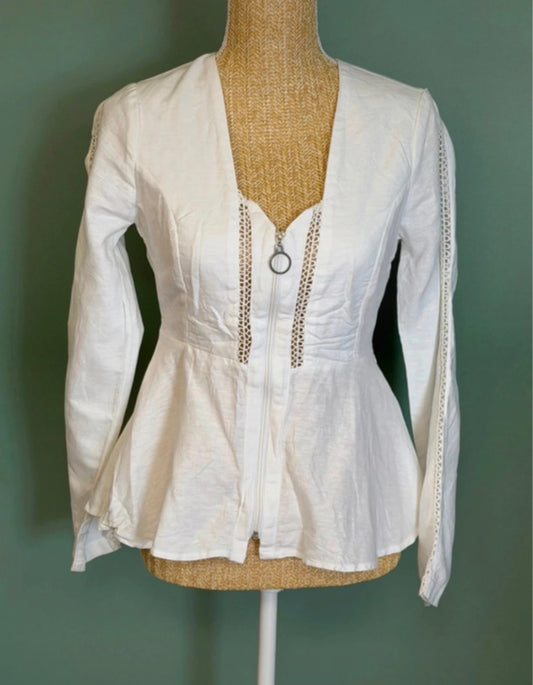 Blouse blanche cintrée à basque & détails ajourés - Taille S