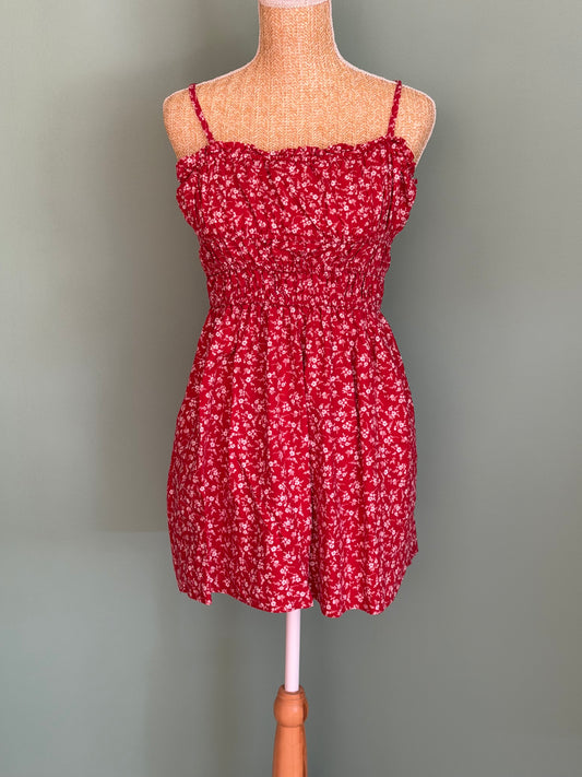 Robe rouge fleurie à bretelles – coton & lin – taille S