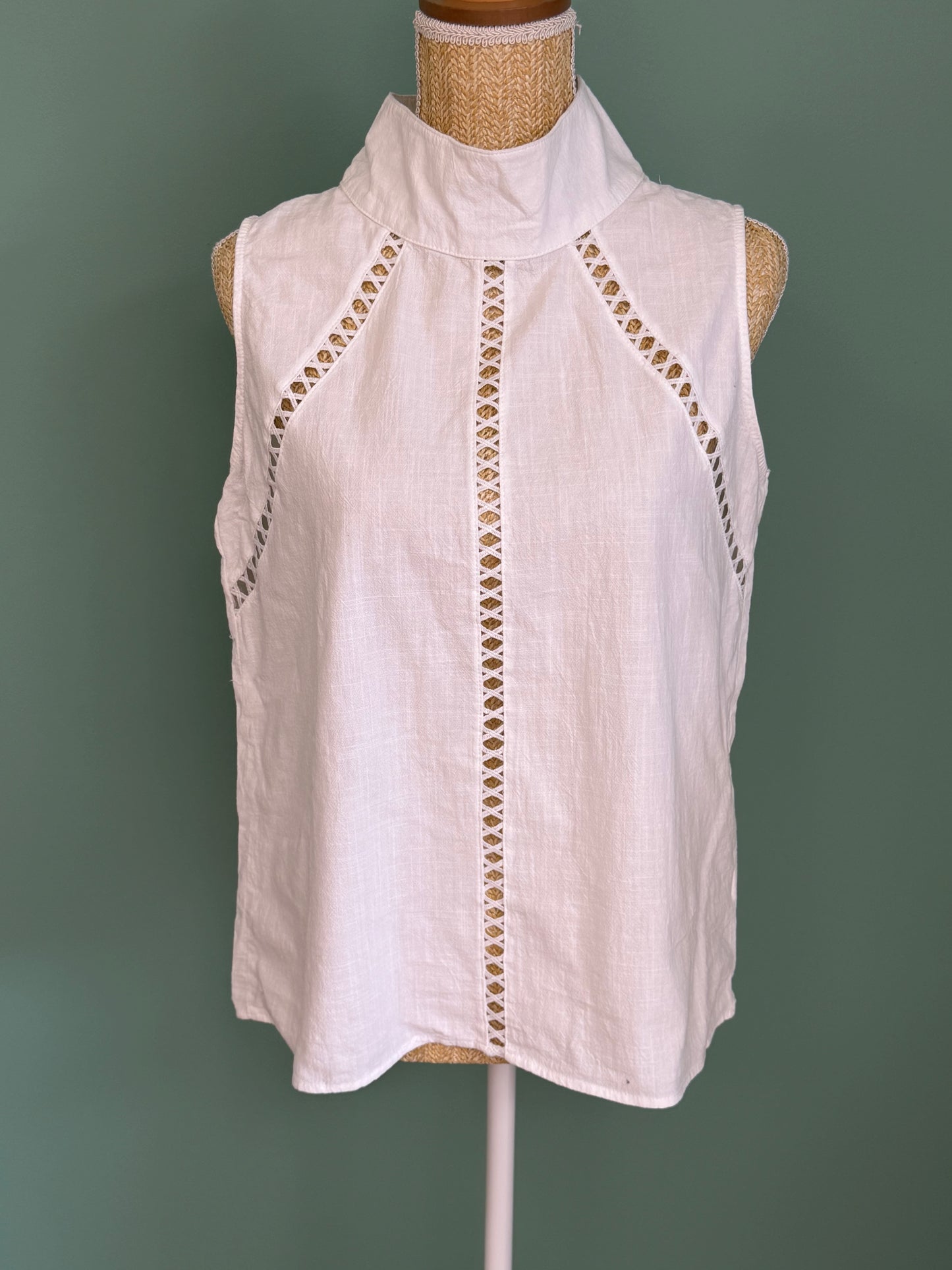 Blouse blanche sans manches en coton à col montant femme M