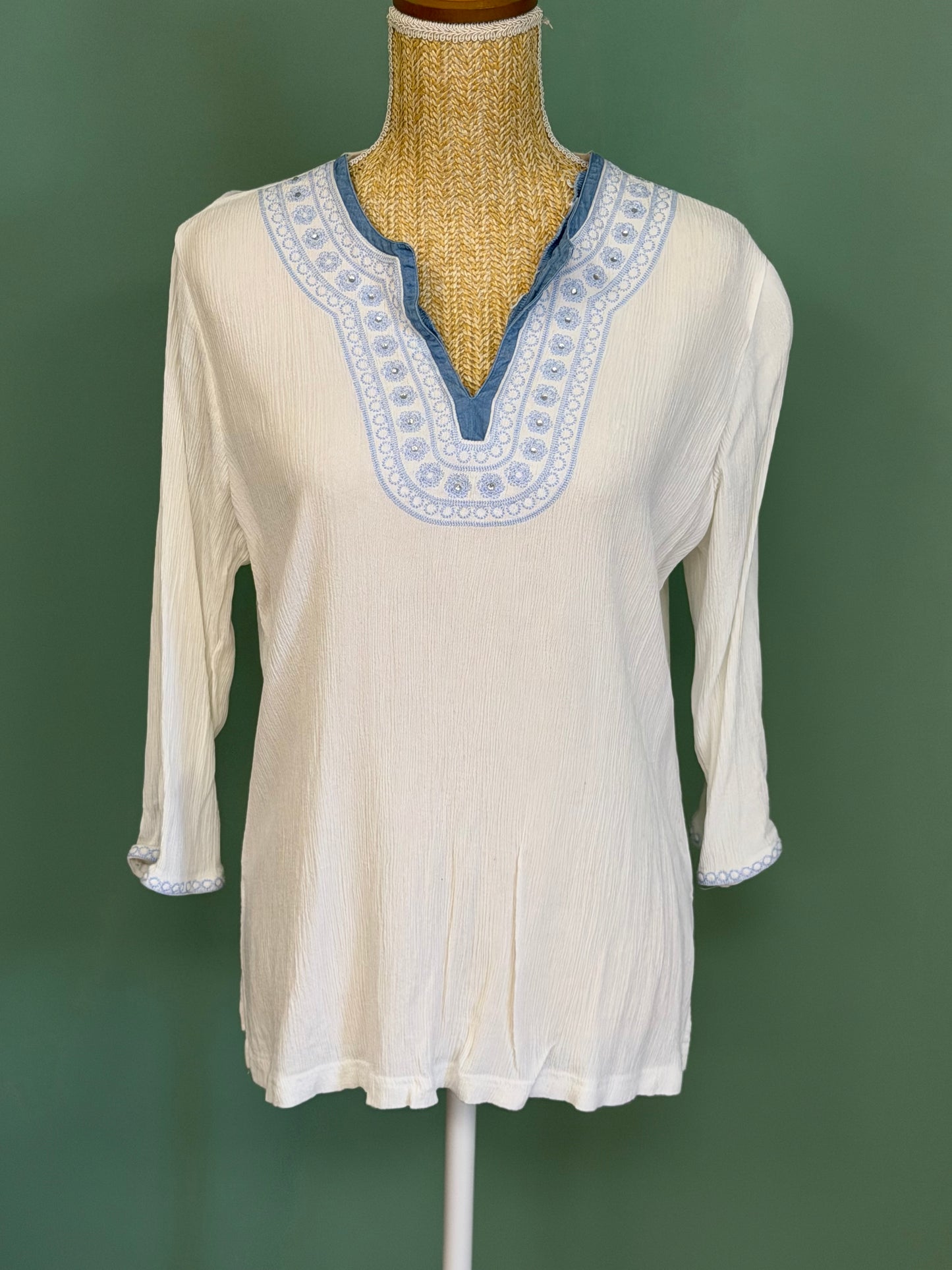 Blouse blanche brodée bleu style bohème femme L