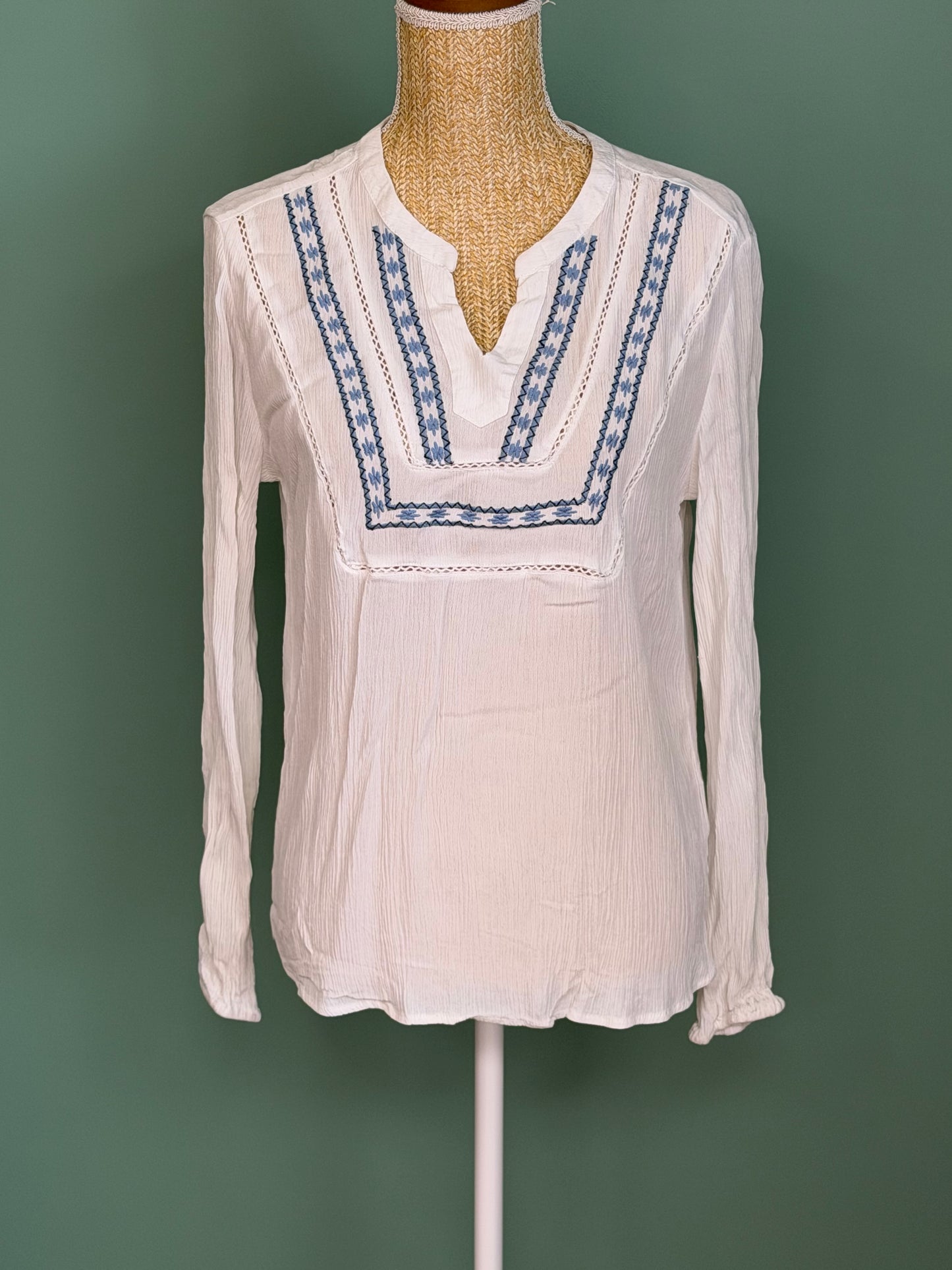 Blouse blanche brodée manches longues femme M