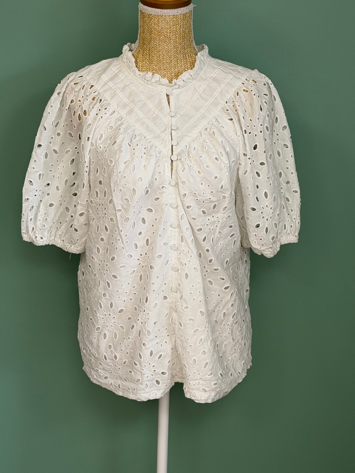 Blouse blanche en broderie anglaise à manches bouffantes femme L