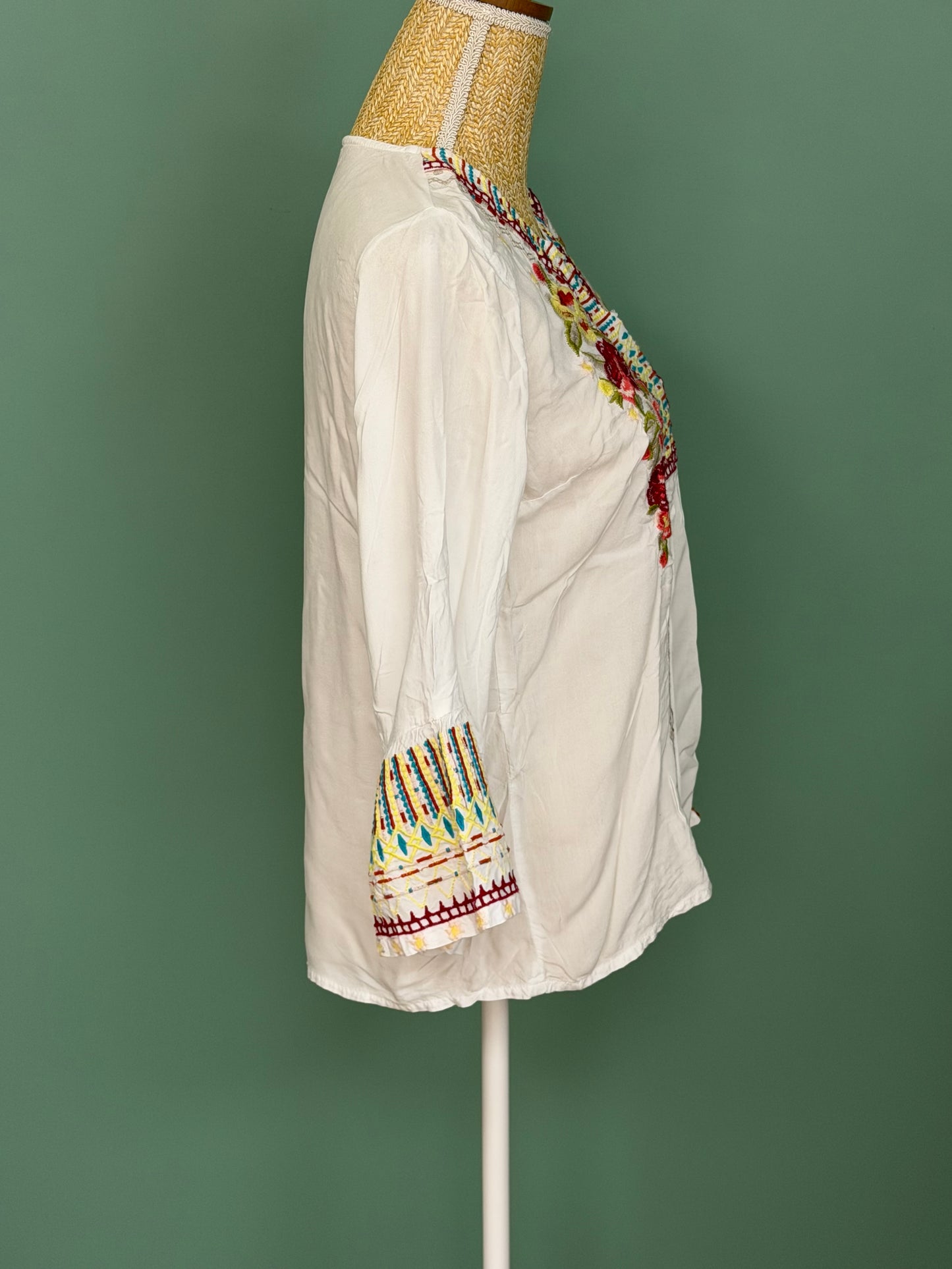 Blouse blanche brodée bohème manches 3/4 femme M