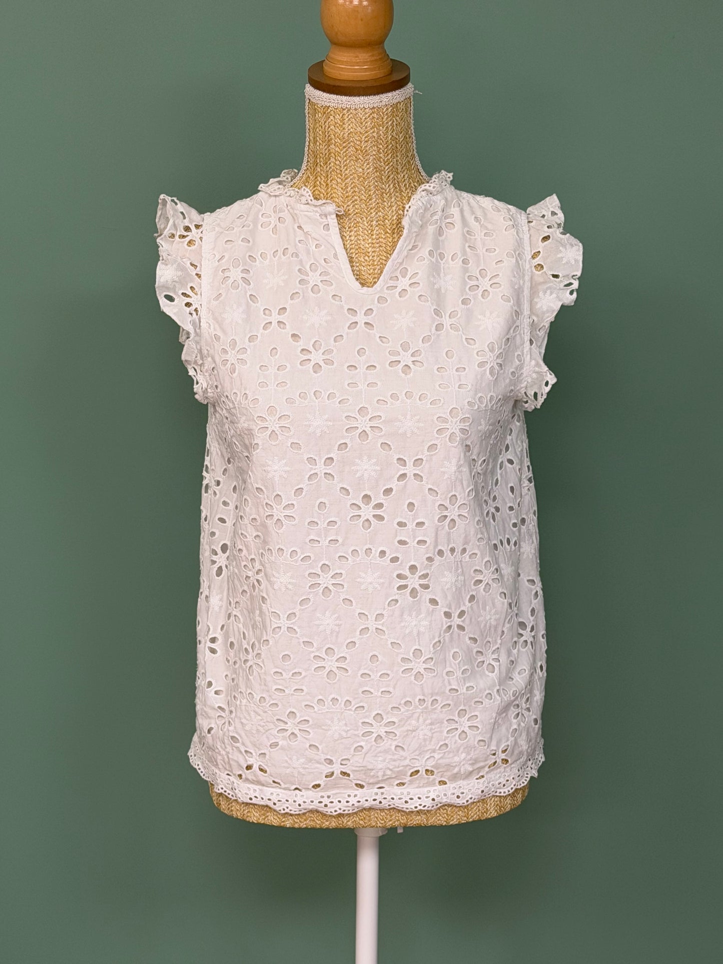 Blouse en broderie anglaise blanche à manches volantées – Taille M