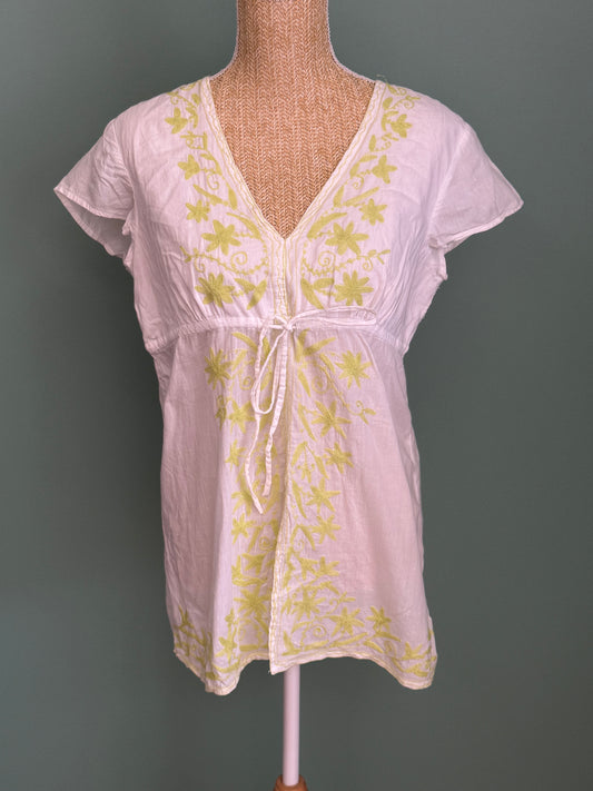 Tunique blanche brodée fleurs jaunes en coton femme M