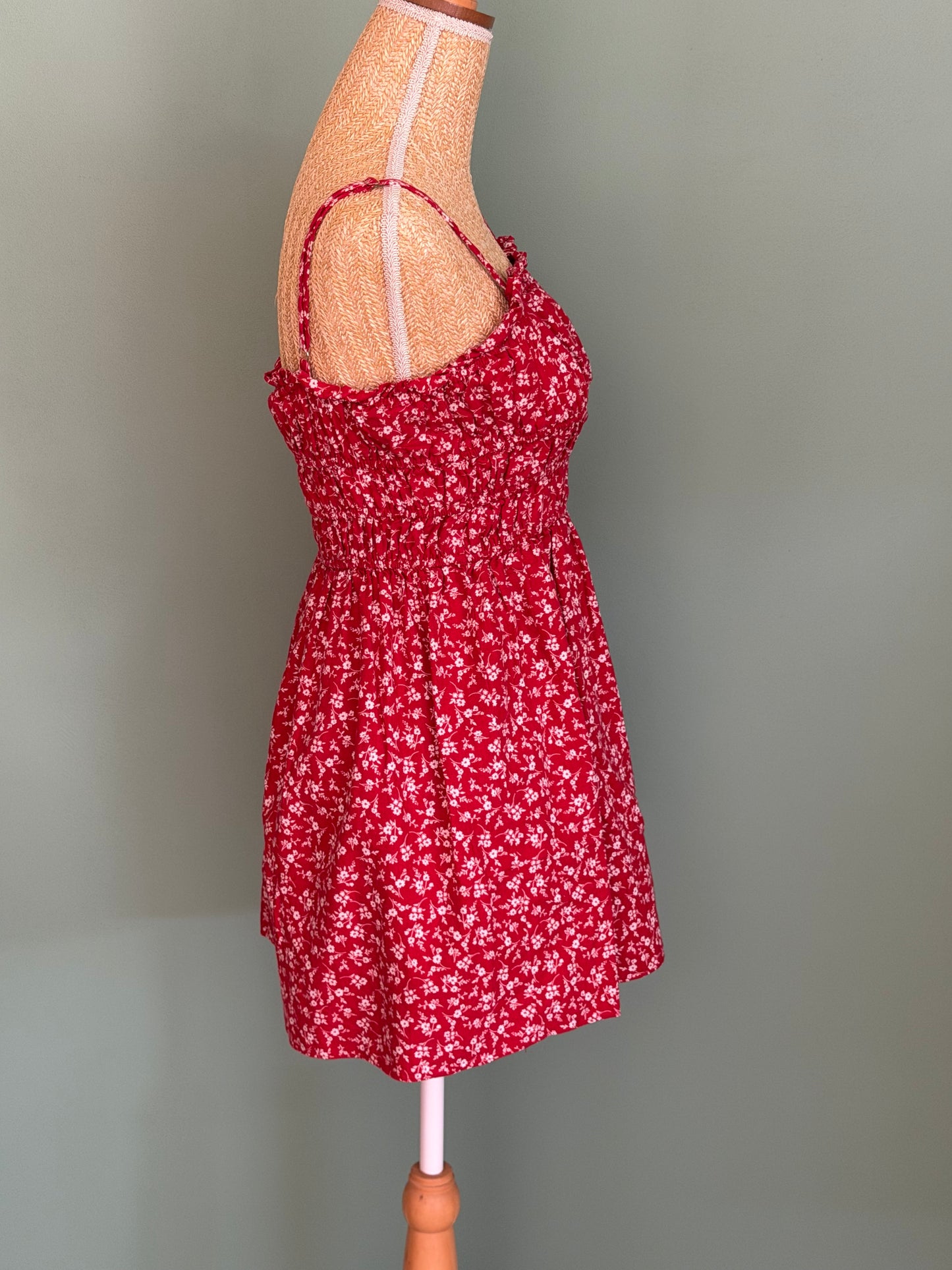 Robe rouge fleurie à bretelles – coton & lin – taille S