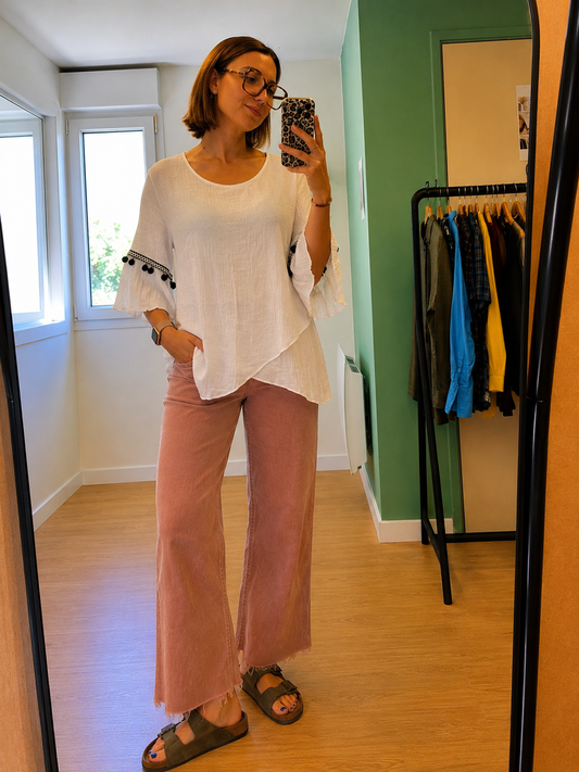 Blouse blanche fluide à pompons femme taille M