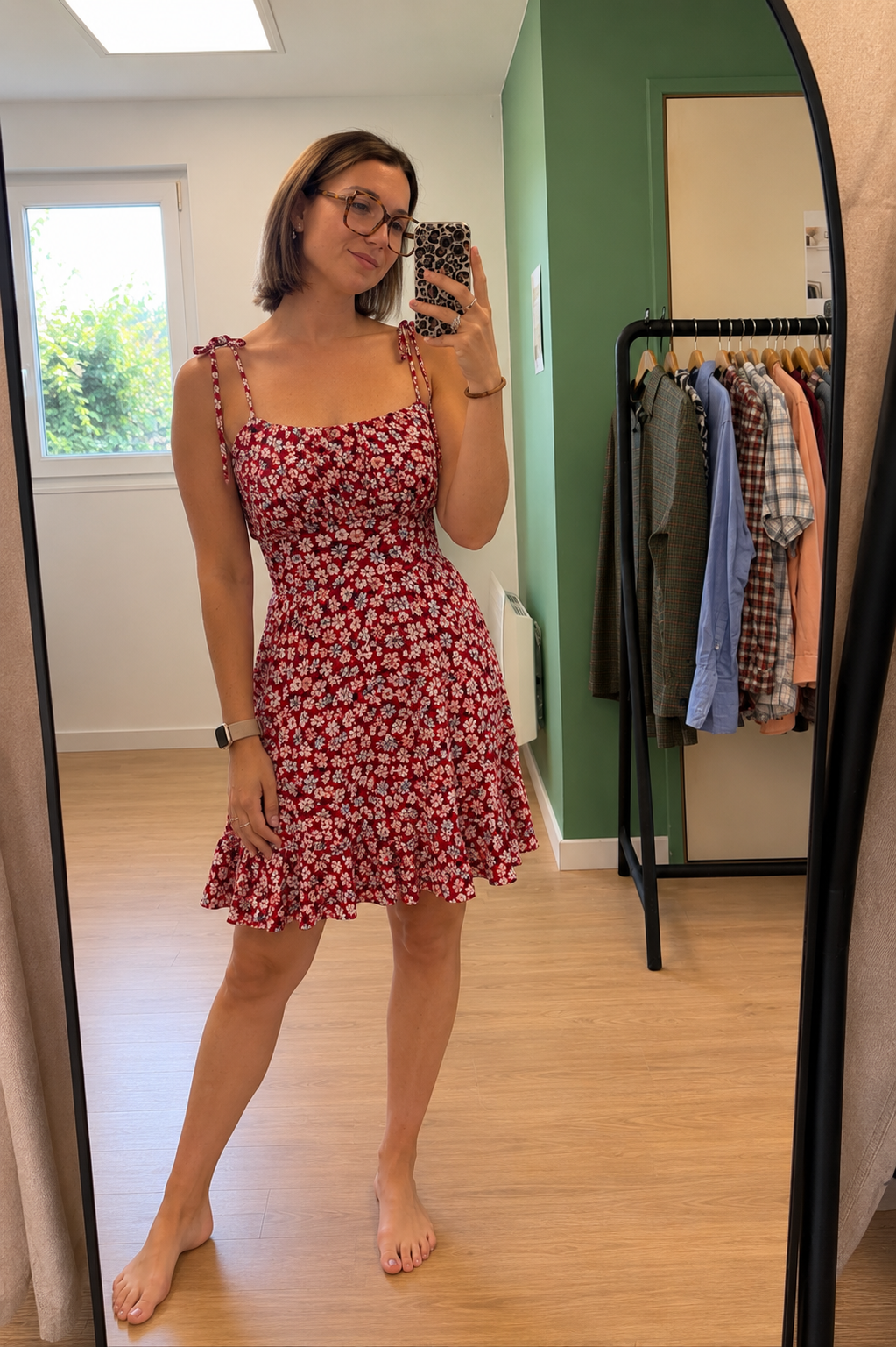 Robe fleurie rouge à bretelles nouées - Taille M