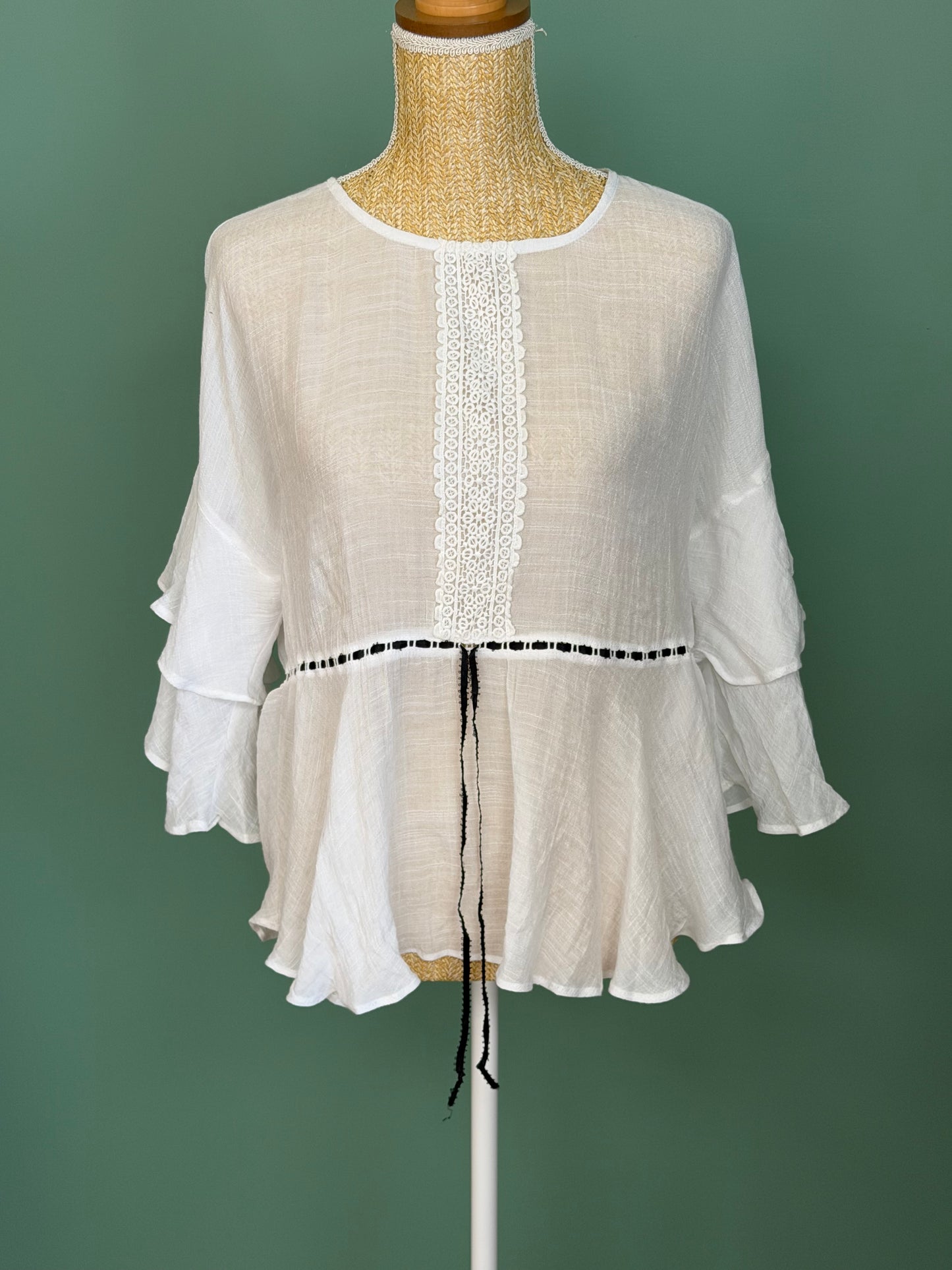 Blouse blanche à volants manches 3/4 femme taille L