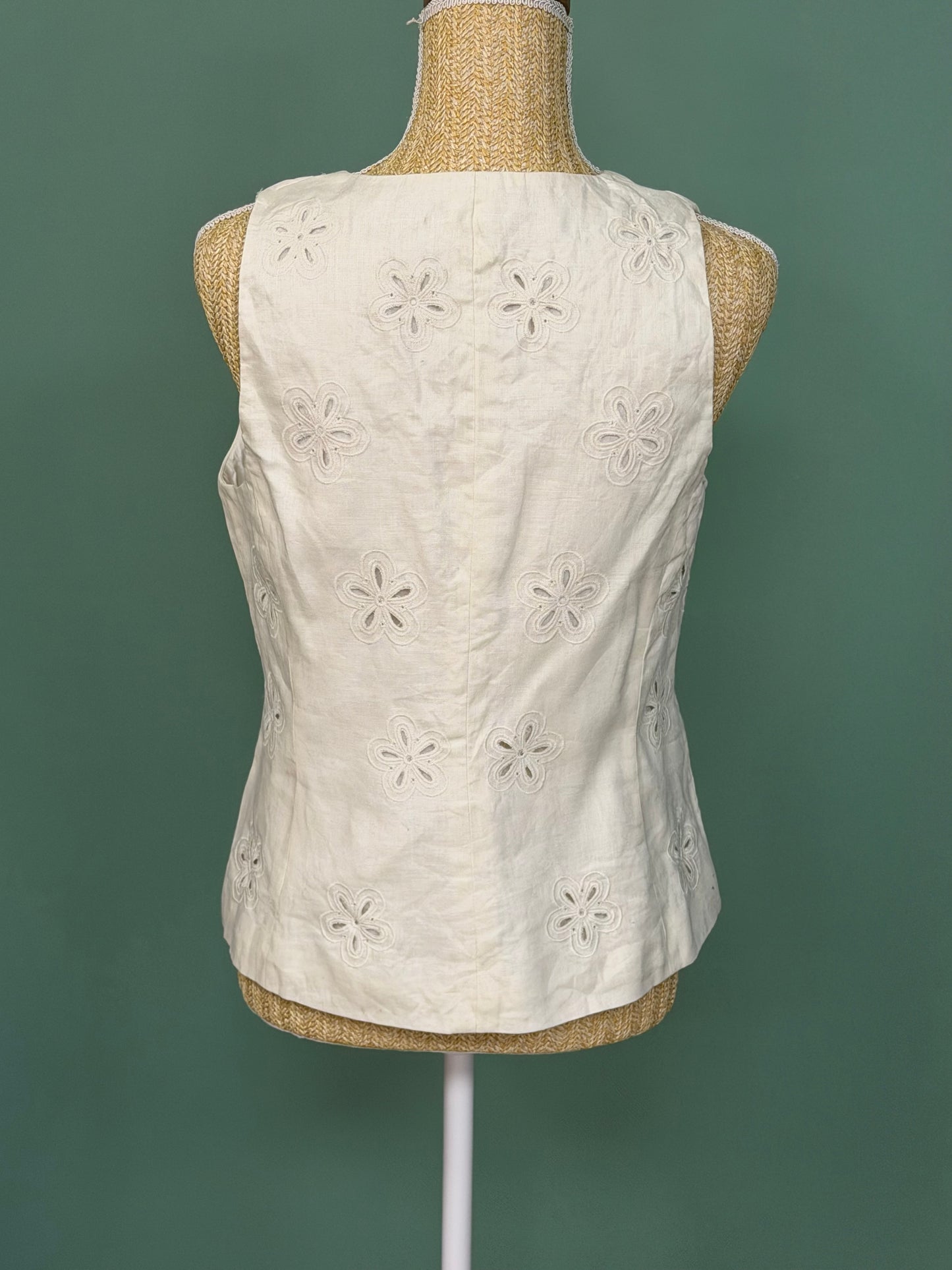 Débardeur en lin mélangé blanc cassé brodé à fleurs – Taille M