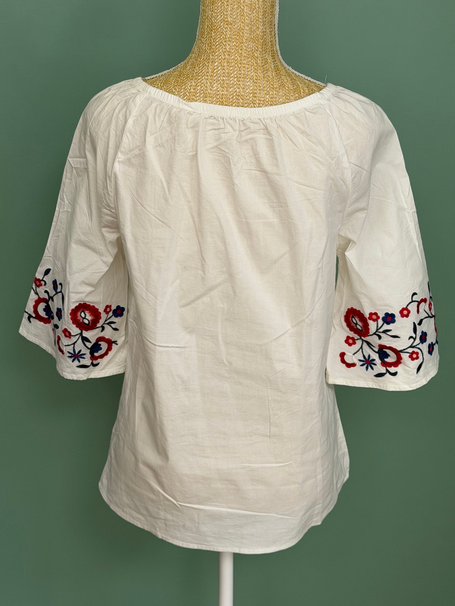 Blouse blanche brodée fleurs manches 3/4 femme M