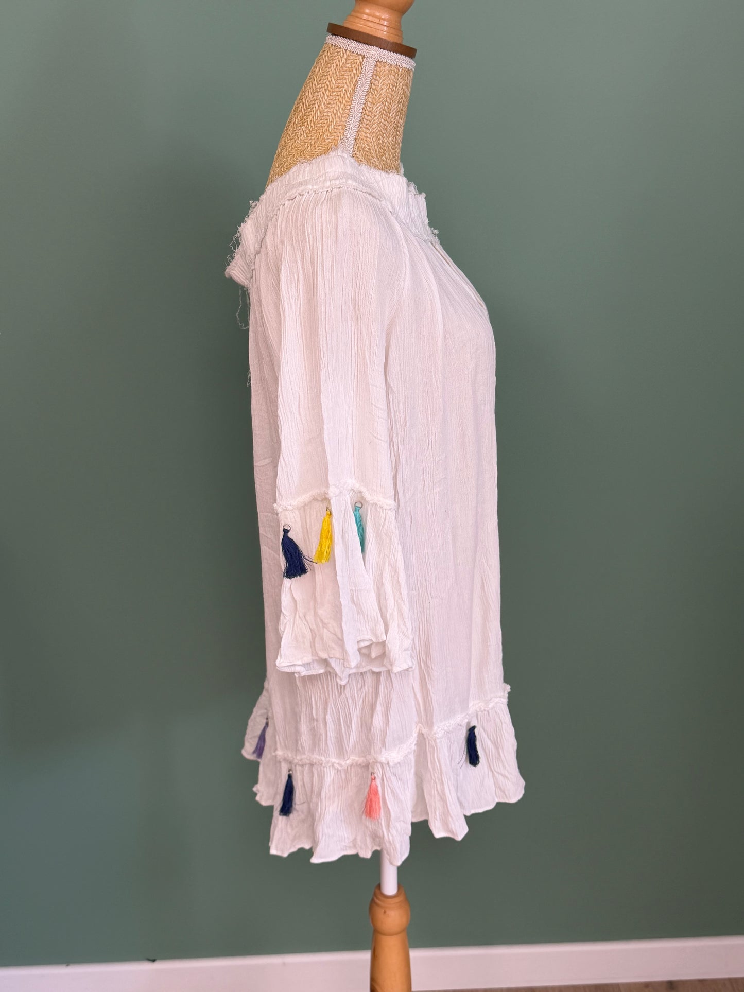 Blouse bohème blanche à pompons femme XL