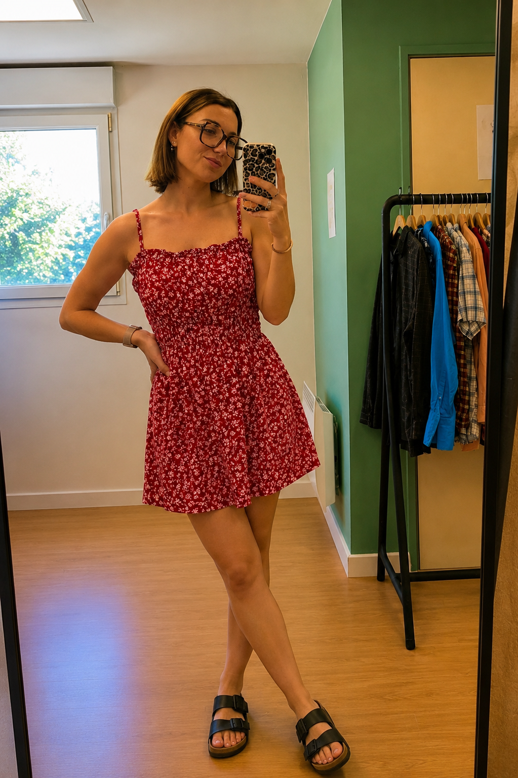 Robe rouge fleurie à bretelles – coton & lin – taille S