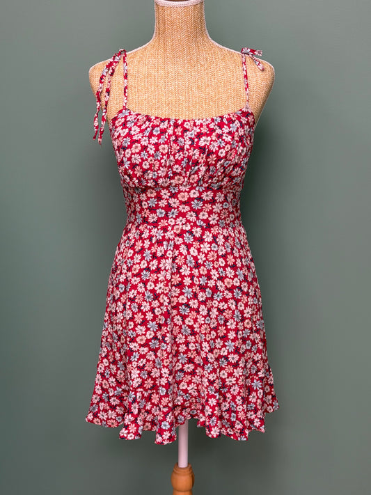 Robe fleurie rouge à bretelles nouées - Taille M