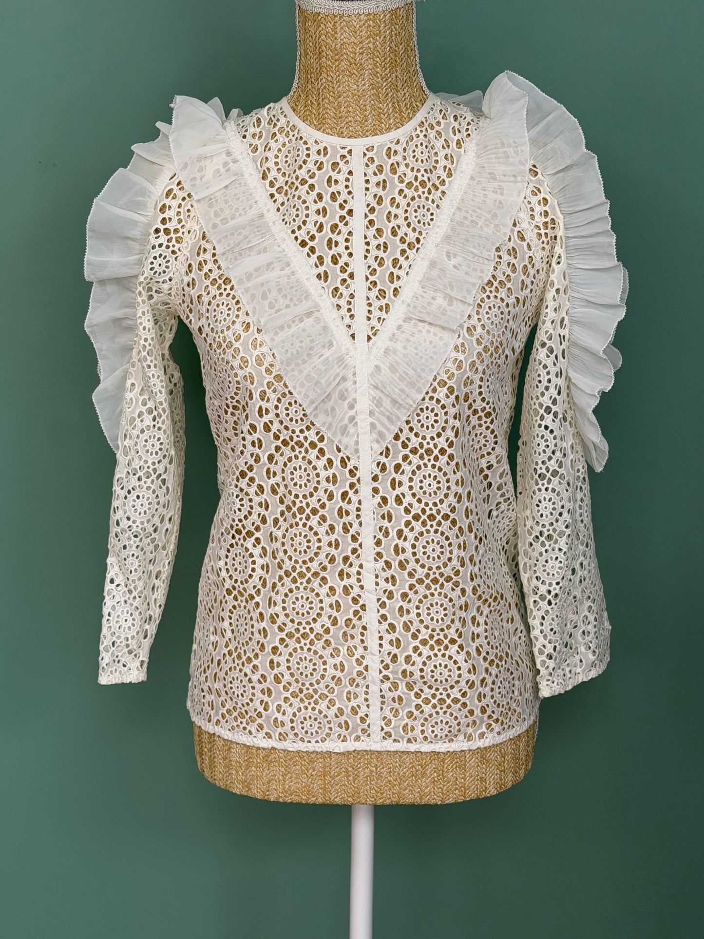 Blouse Sandro Paris en dentelle blanche à volants T1
