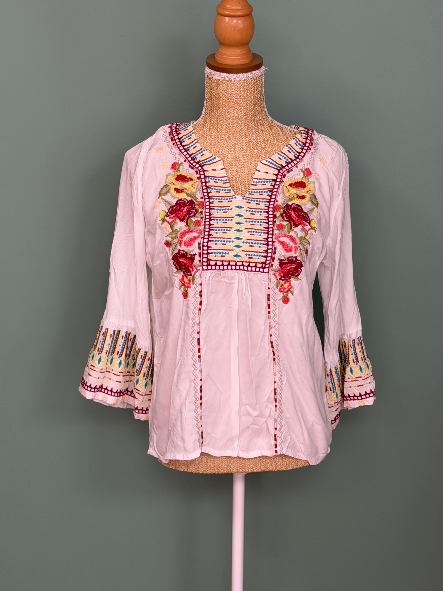 Blouse blanche brodée bohème manches 3/4 femme M