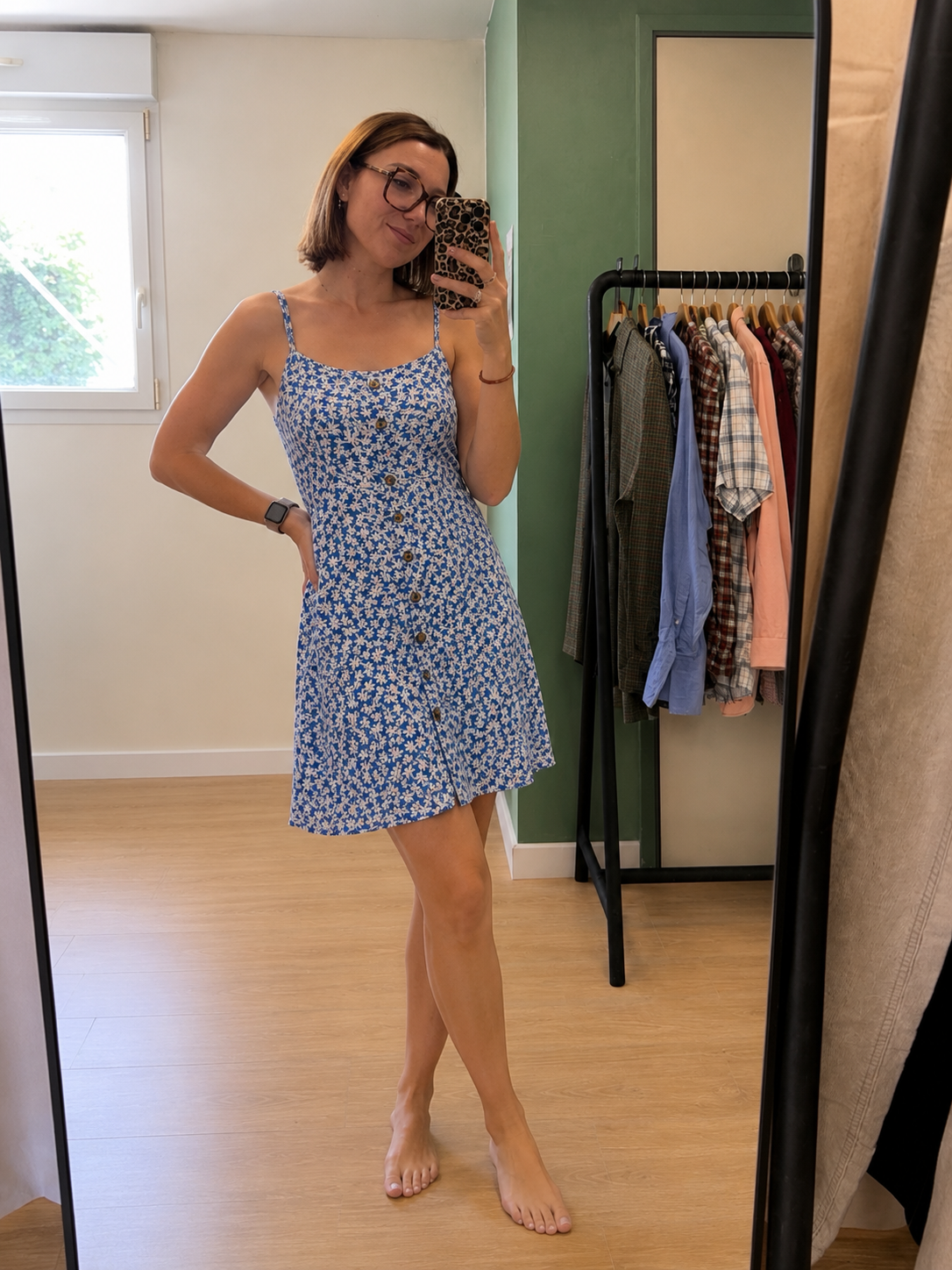 Robe bleue fleurie à bretelles nouées – Taille S