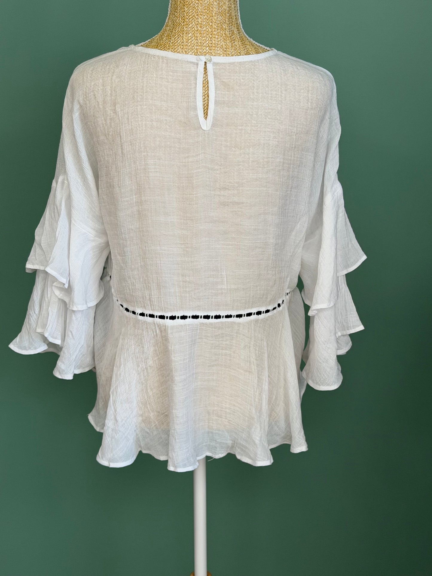 Blouse blanche à volants manches 3/4 femme taille L