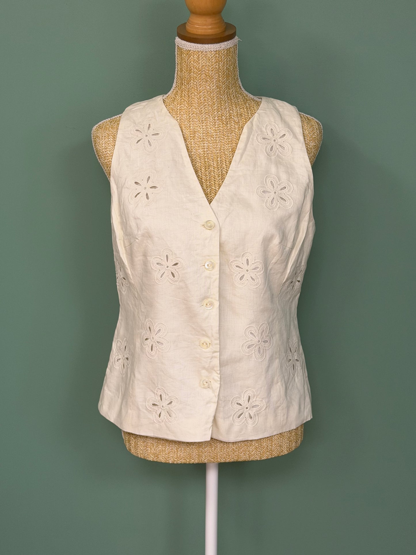 Débardeur en lin mélangé blanc cassé brodé à fleurs – Taille M