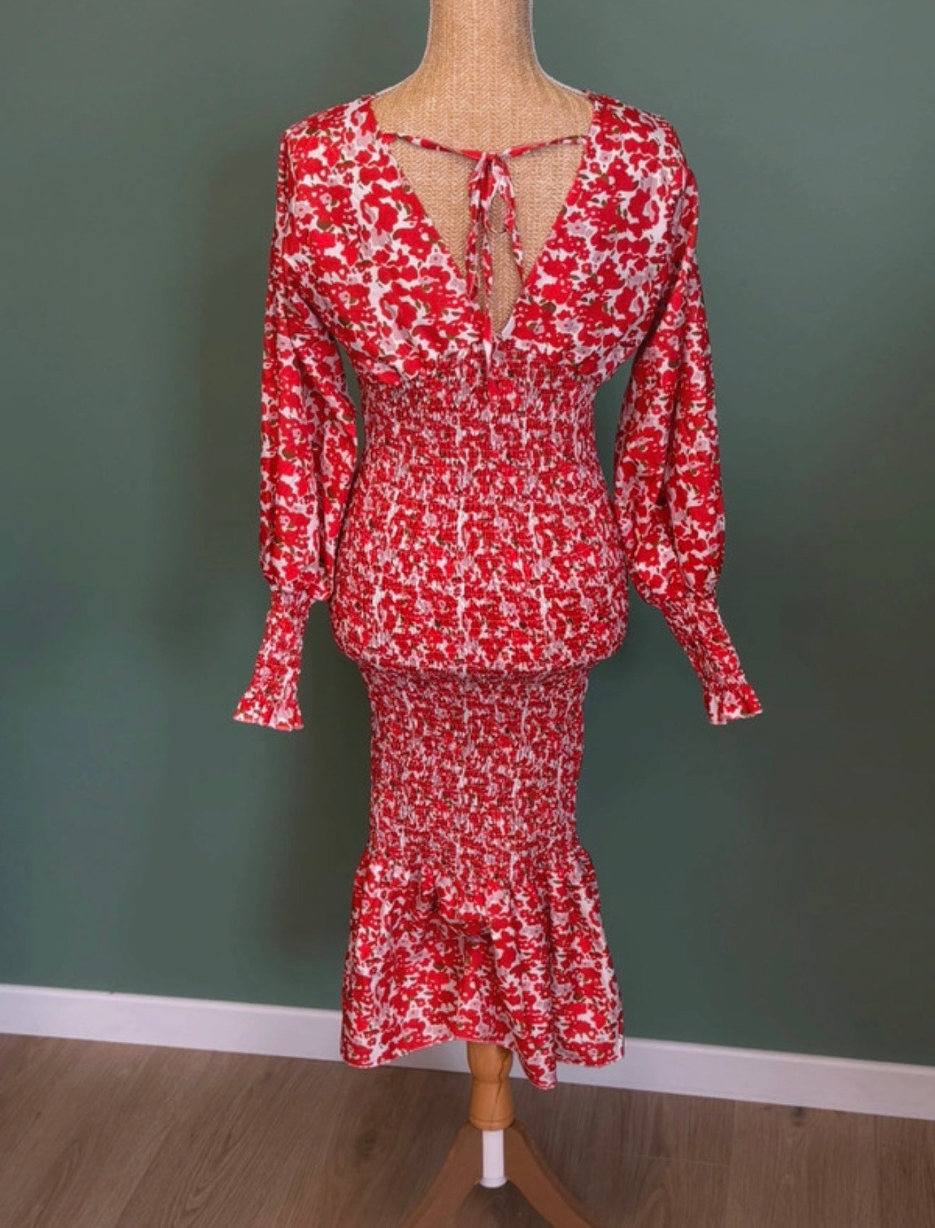 Robe longue fleurie rouge & blanche effet smocké - Taille S