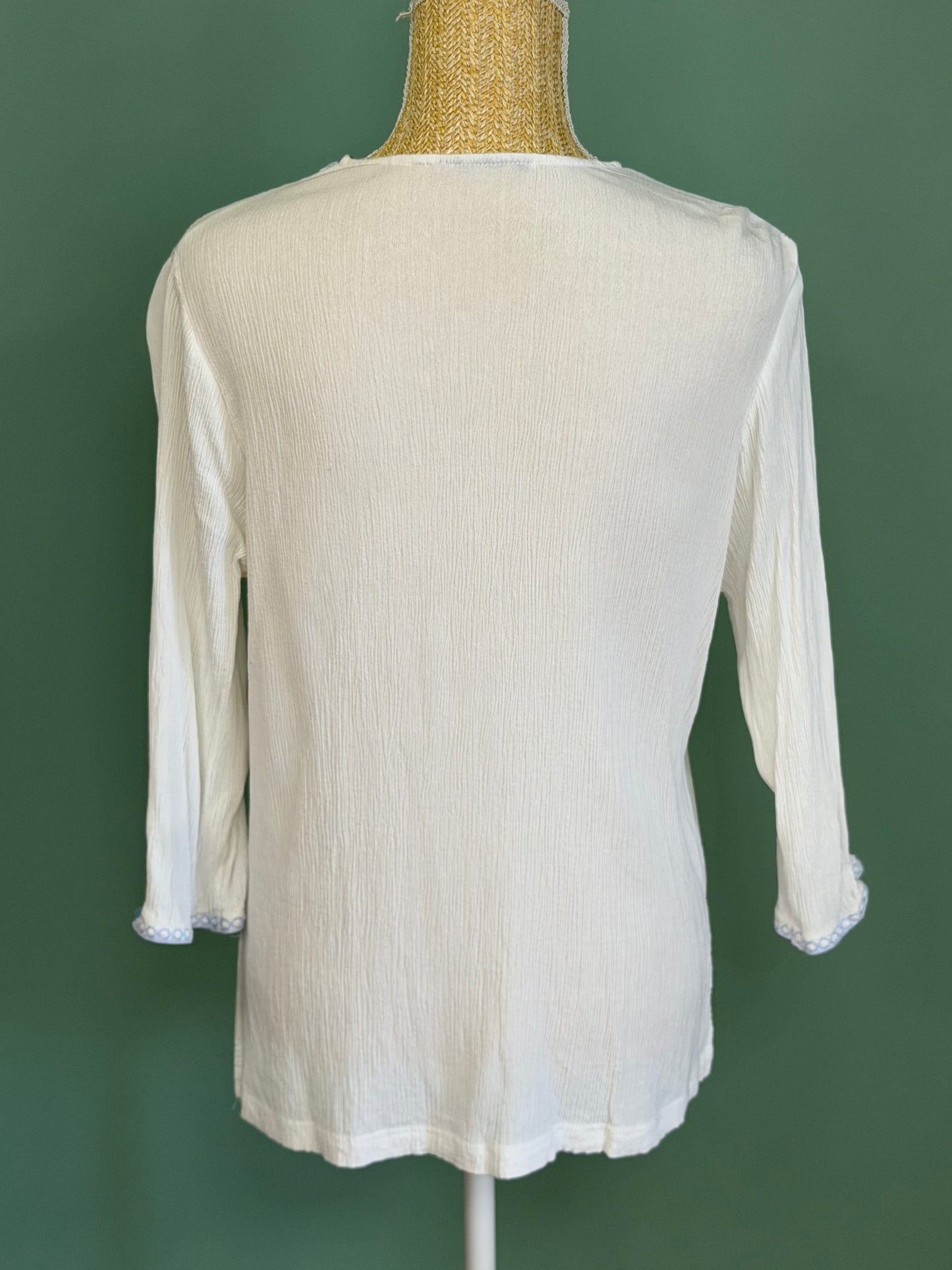 Blouse blanche brodée bleu style bohème femme L