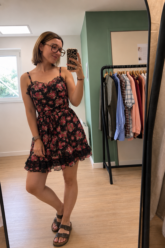 Robe Fleurie Noire & Rose Esprit Bohème Romantique  - Taille M