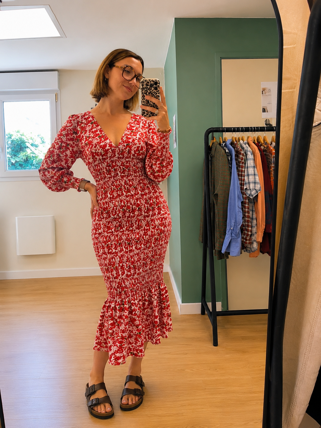 Robe longue fleurie rouge & blanche effet smocké - Taille S