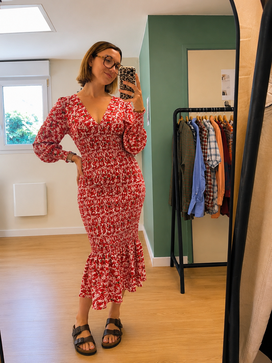 Robe longue fleurie rouge & blanche effet smocké - Taille S