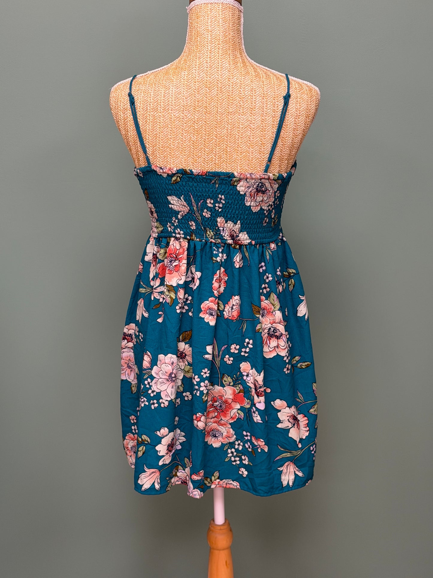Robe fleurie turquoise à fines bretelles - Taille XS