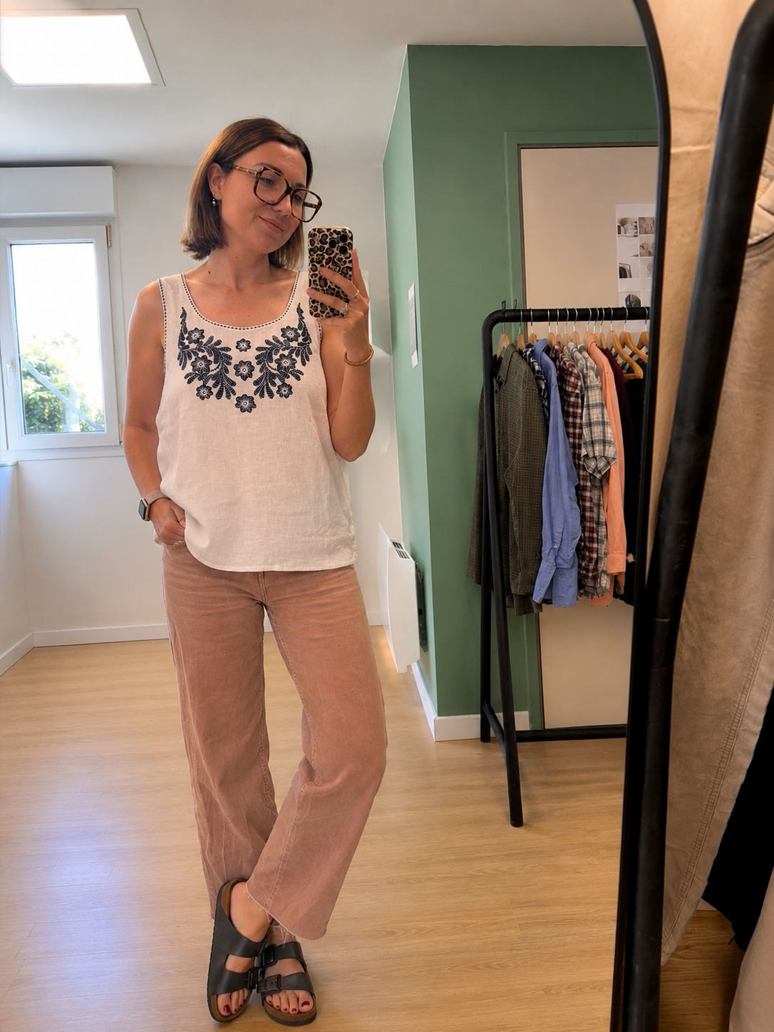 Débardeur en lin blanc brodé femme L