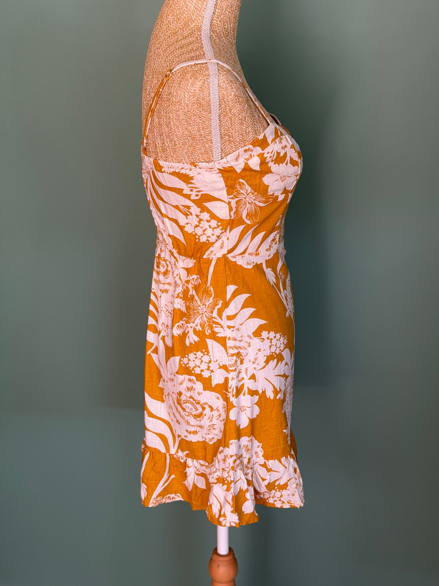 Robe jaune moutarde à fleurs blanches – Taille XS