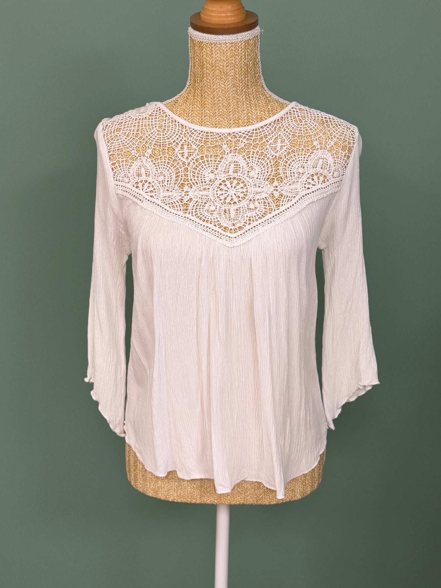 Blouse blanche en gaze de coton et dentelle crochet femme S