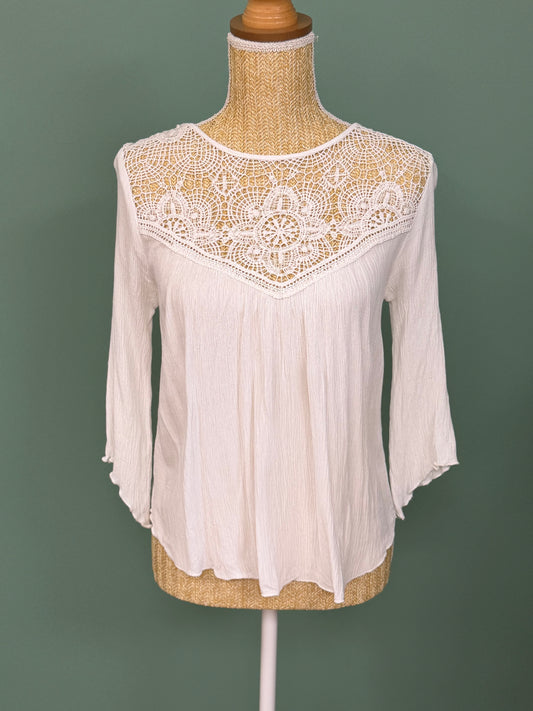 Blouse blanche en gaze de coton et dentelle crochet femme S