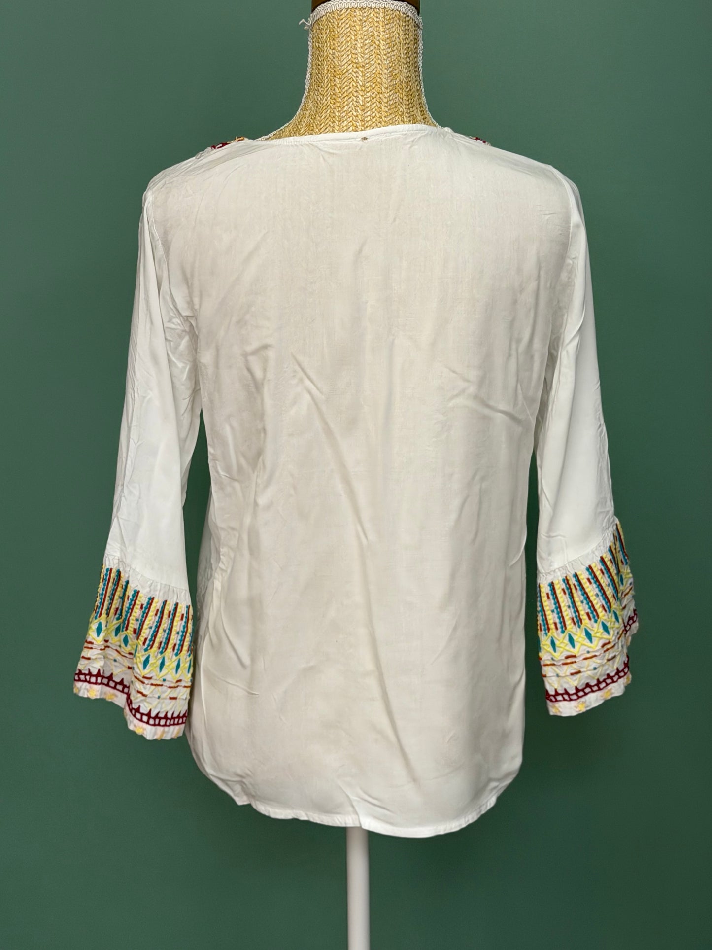 Blouse blanche brodée bohème manches 3/4 femme M