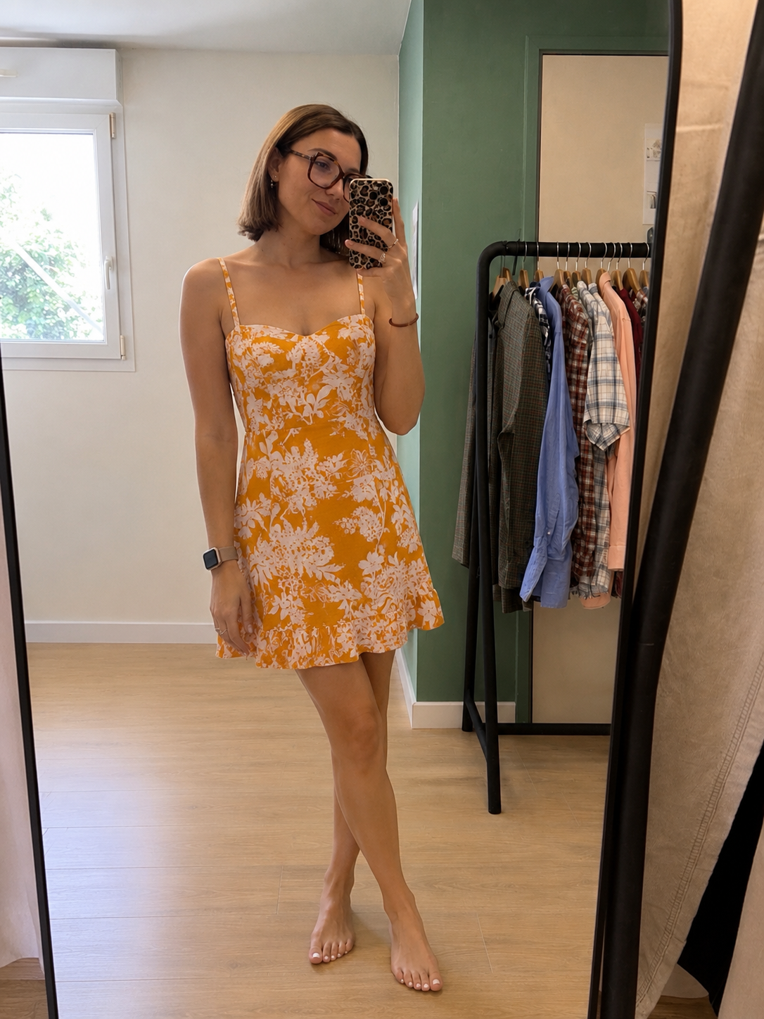 Robe jaune moutarde à fleurs blanches – Taille XS