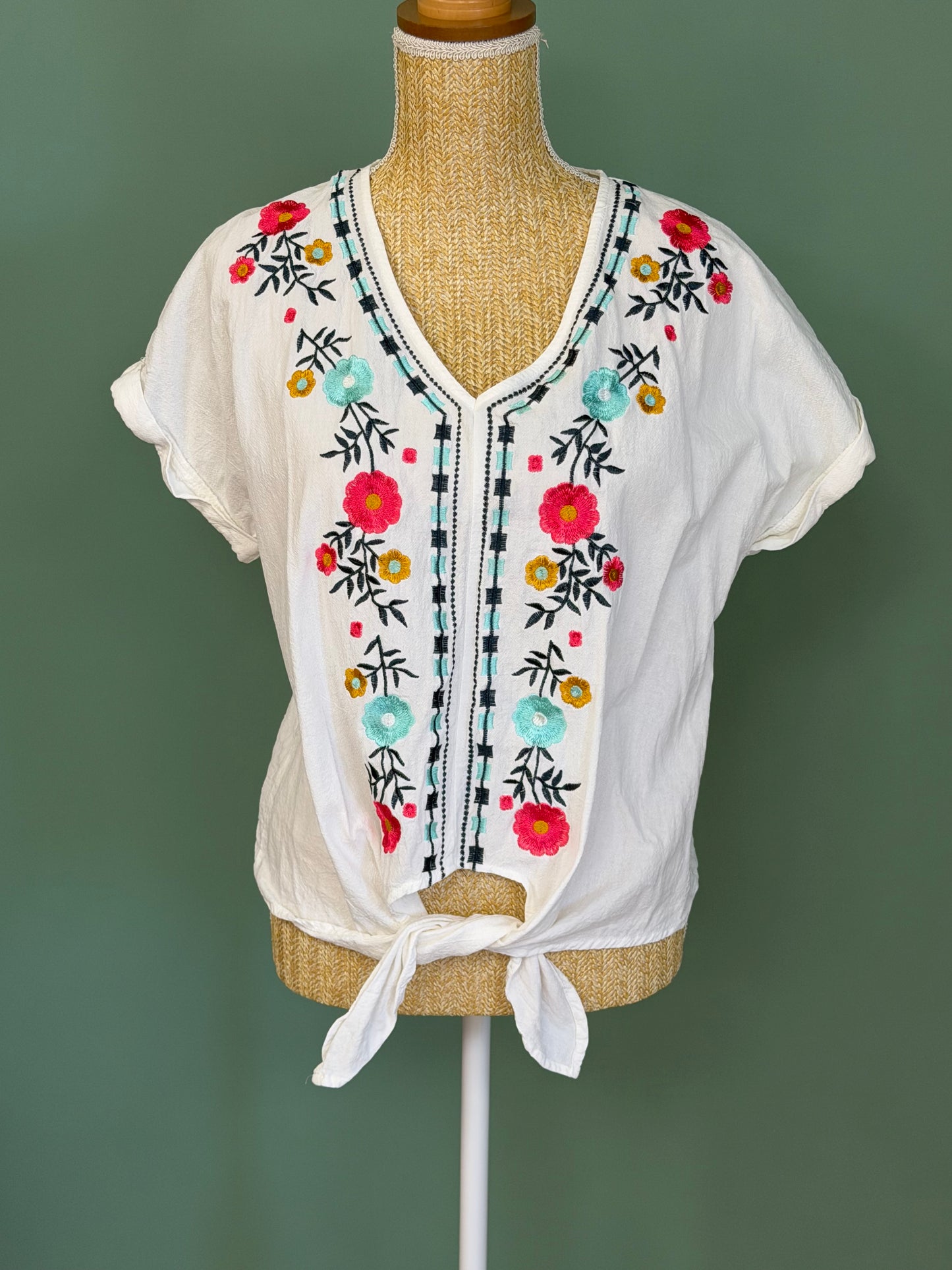 Blouse blanche brodée à fleurs femme M