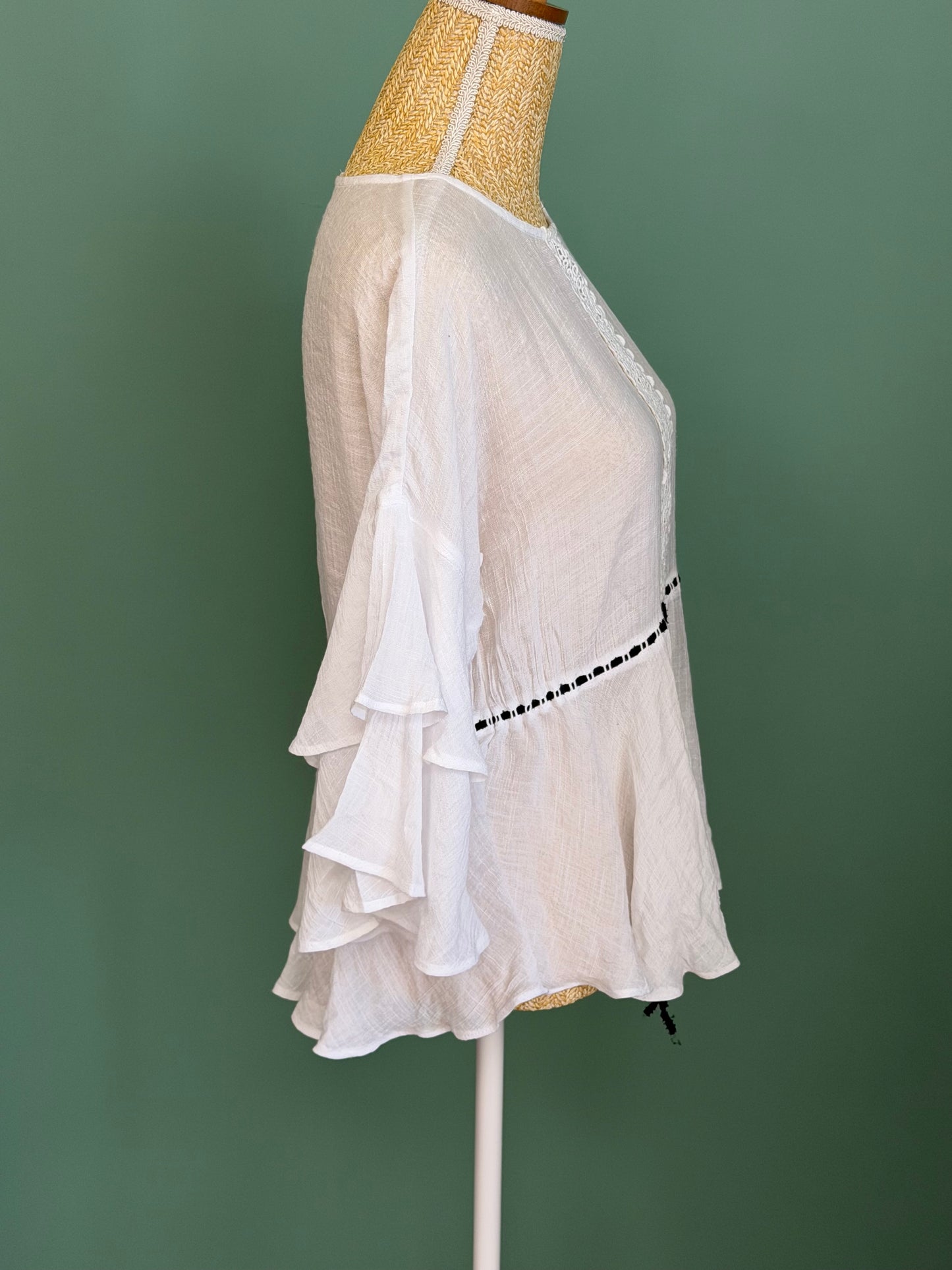 Blouse blanche à volants manches 3/4 femme taille L