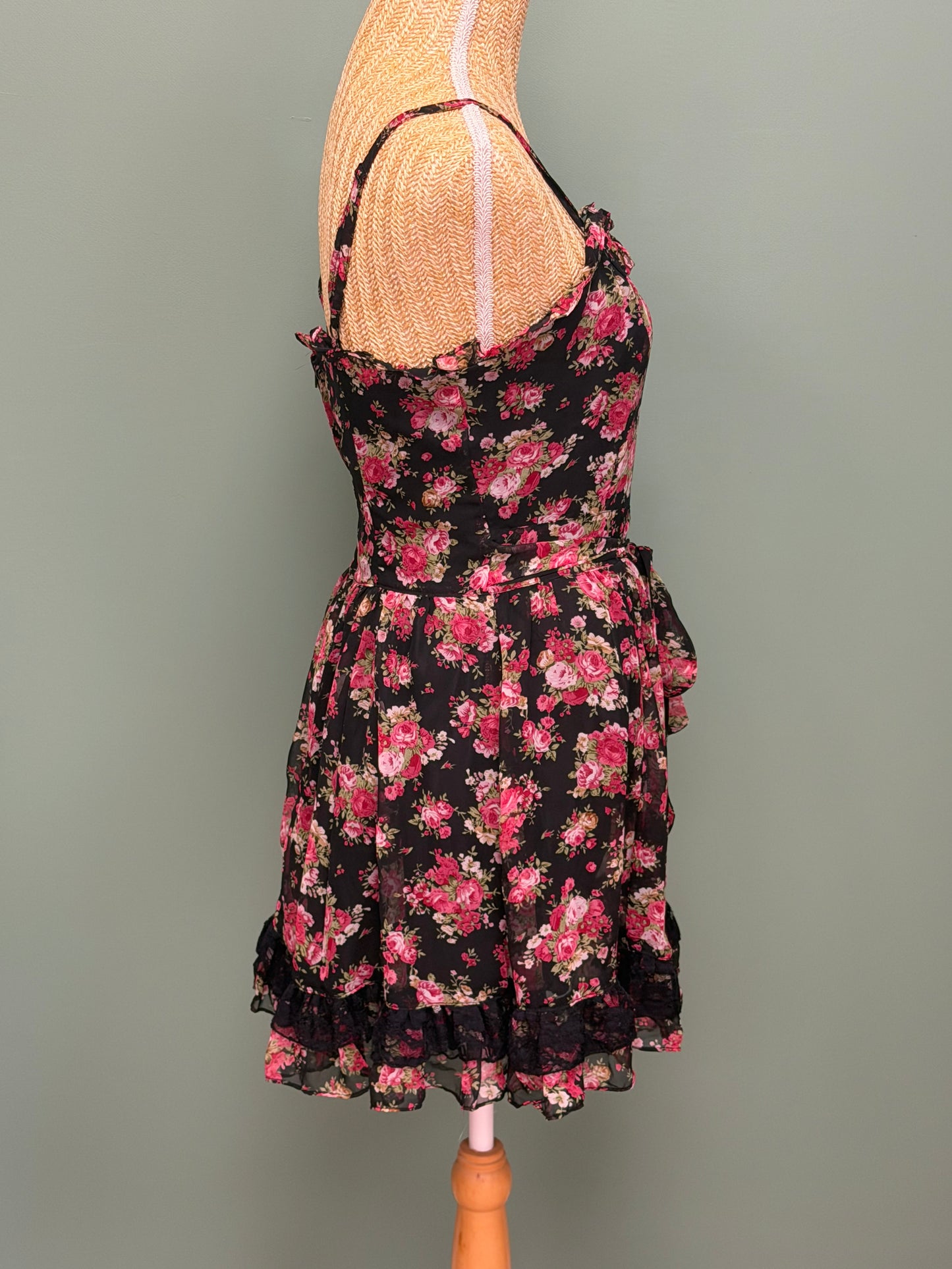 Robe Fleurie Noire & Rose Esprit Bohème Romantique  - Taille M