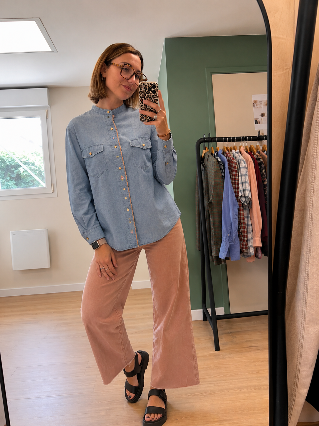 Chemise bleu chambray brodée - Wrangler Western Wear - Taille L