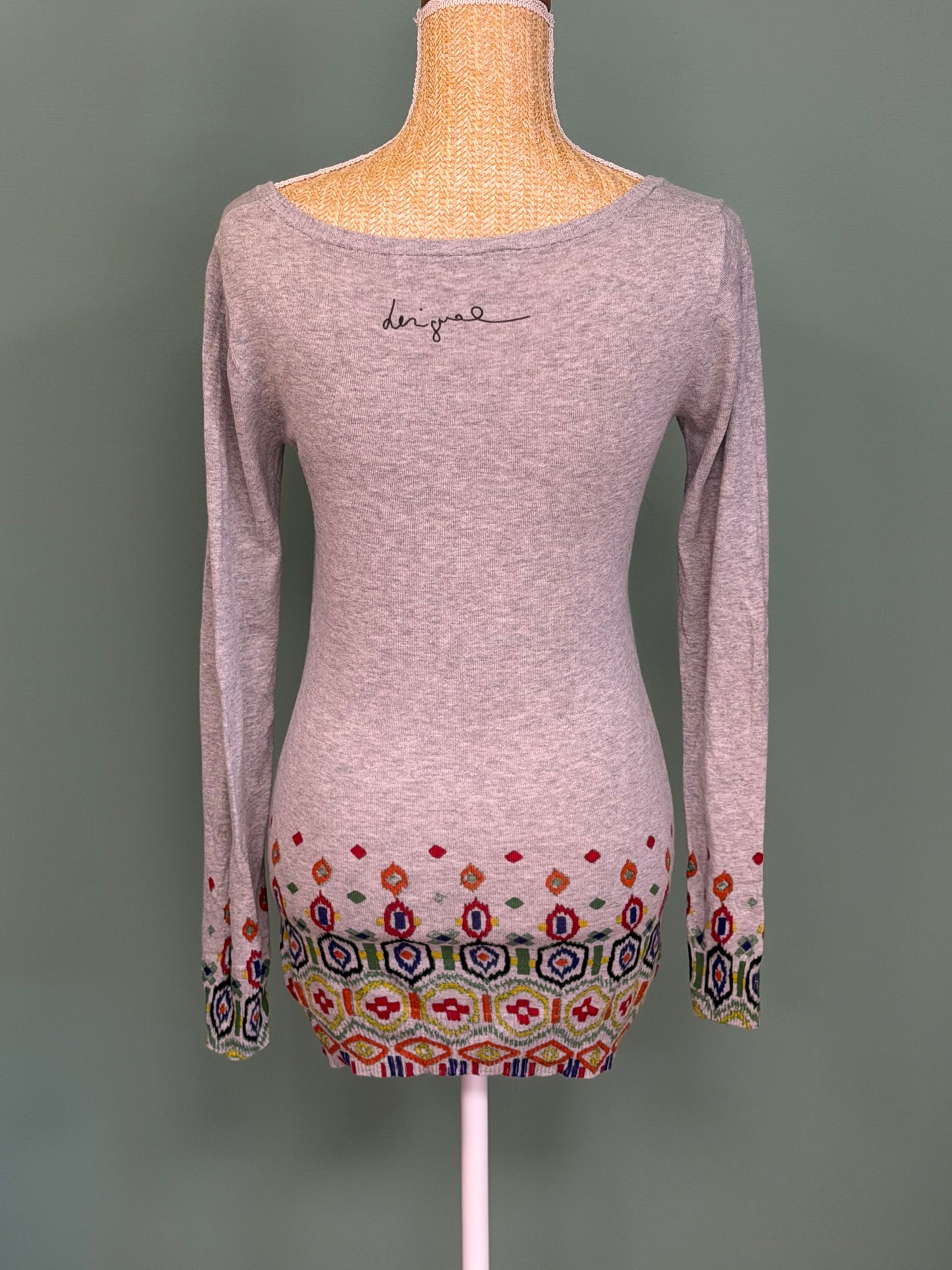 Pull Long Desigual gris chiné motif cœur fleuri - Taille M