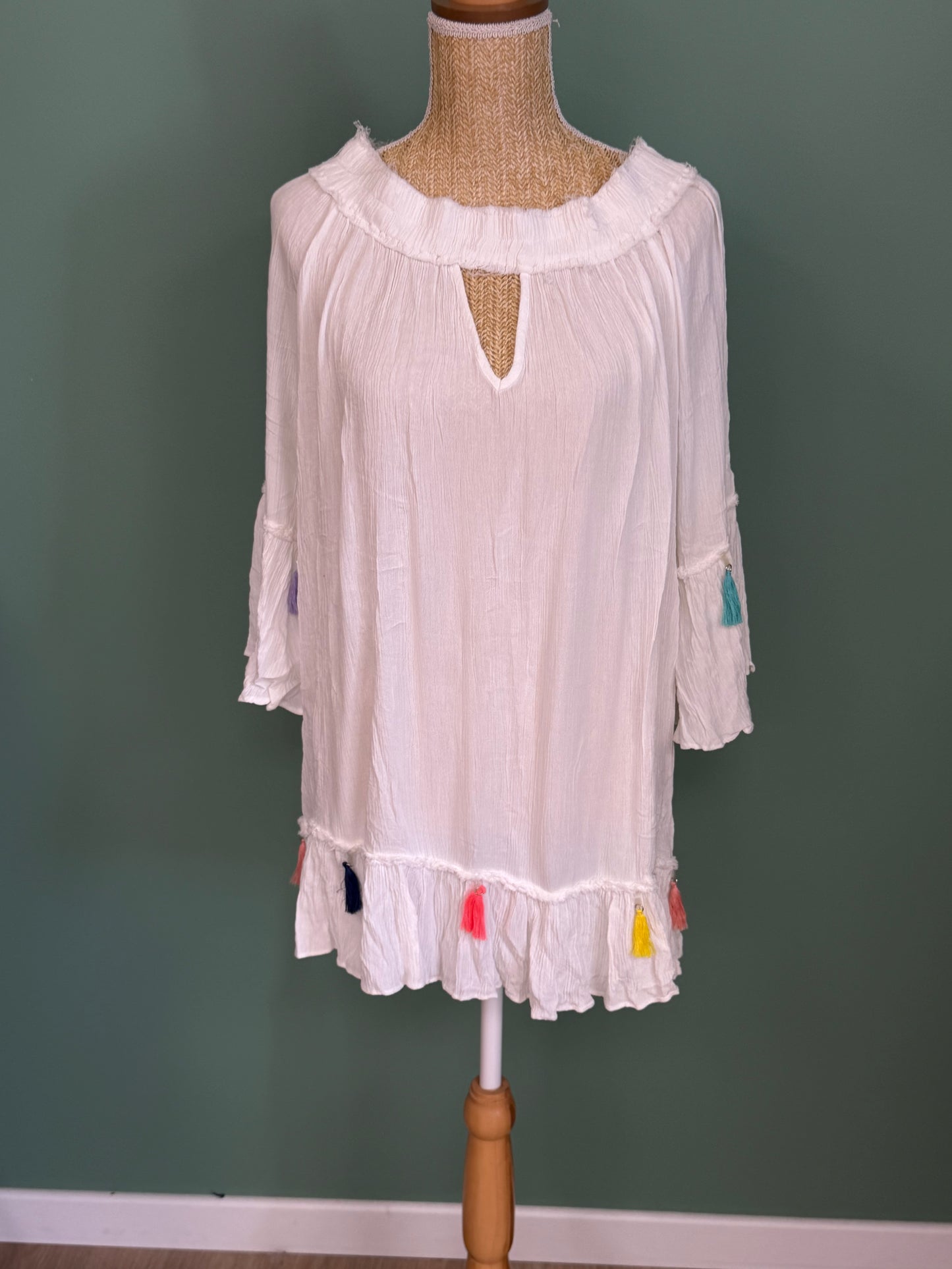 Blouse bohème blanche à pompons femme XL