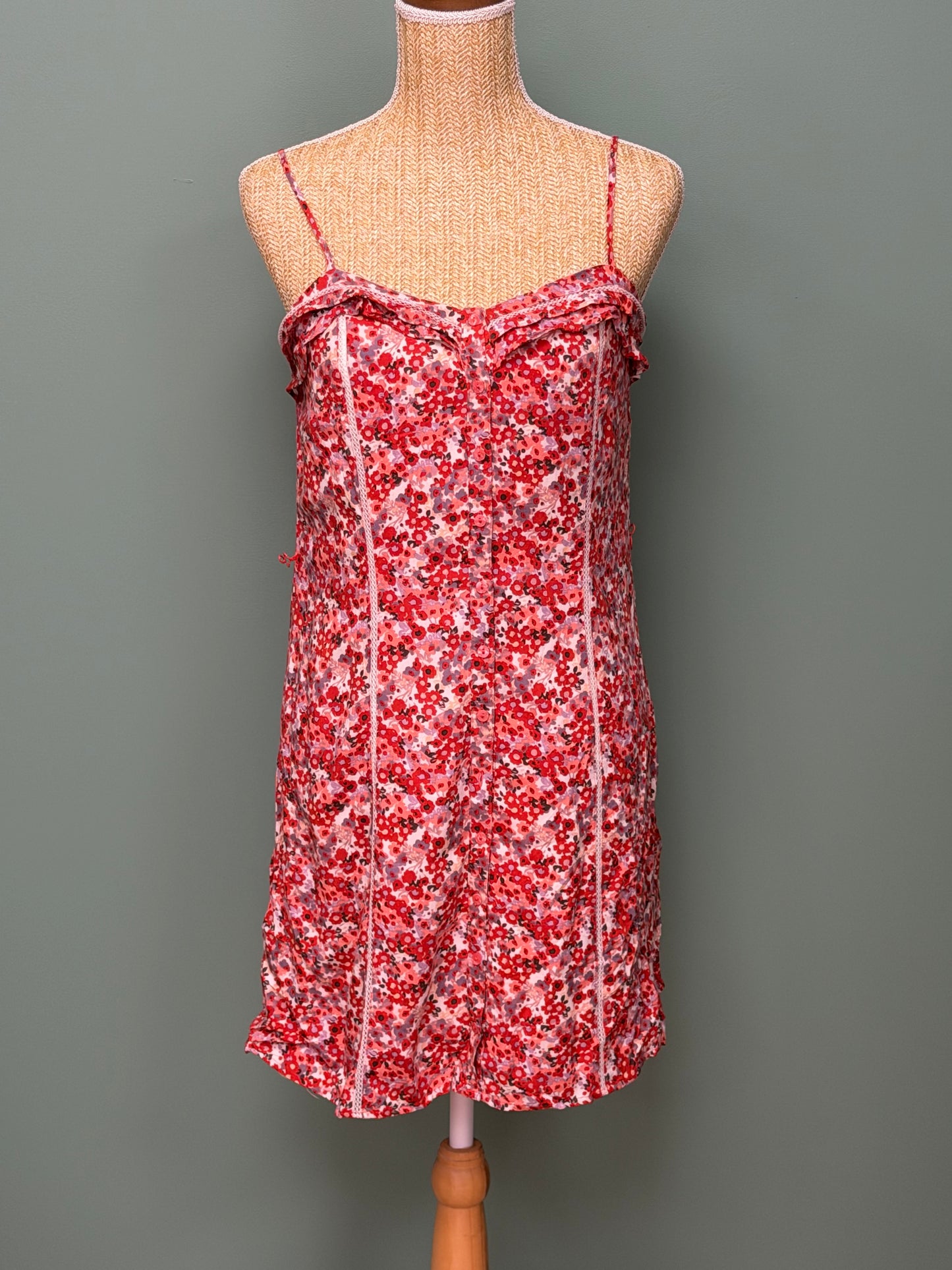 Robe fluide fleurie rouge & rose à fines bretelles - Taille M