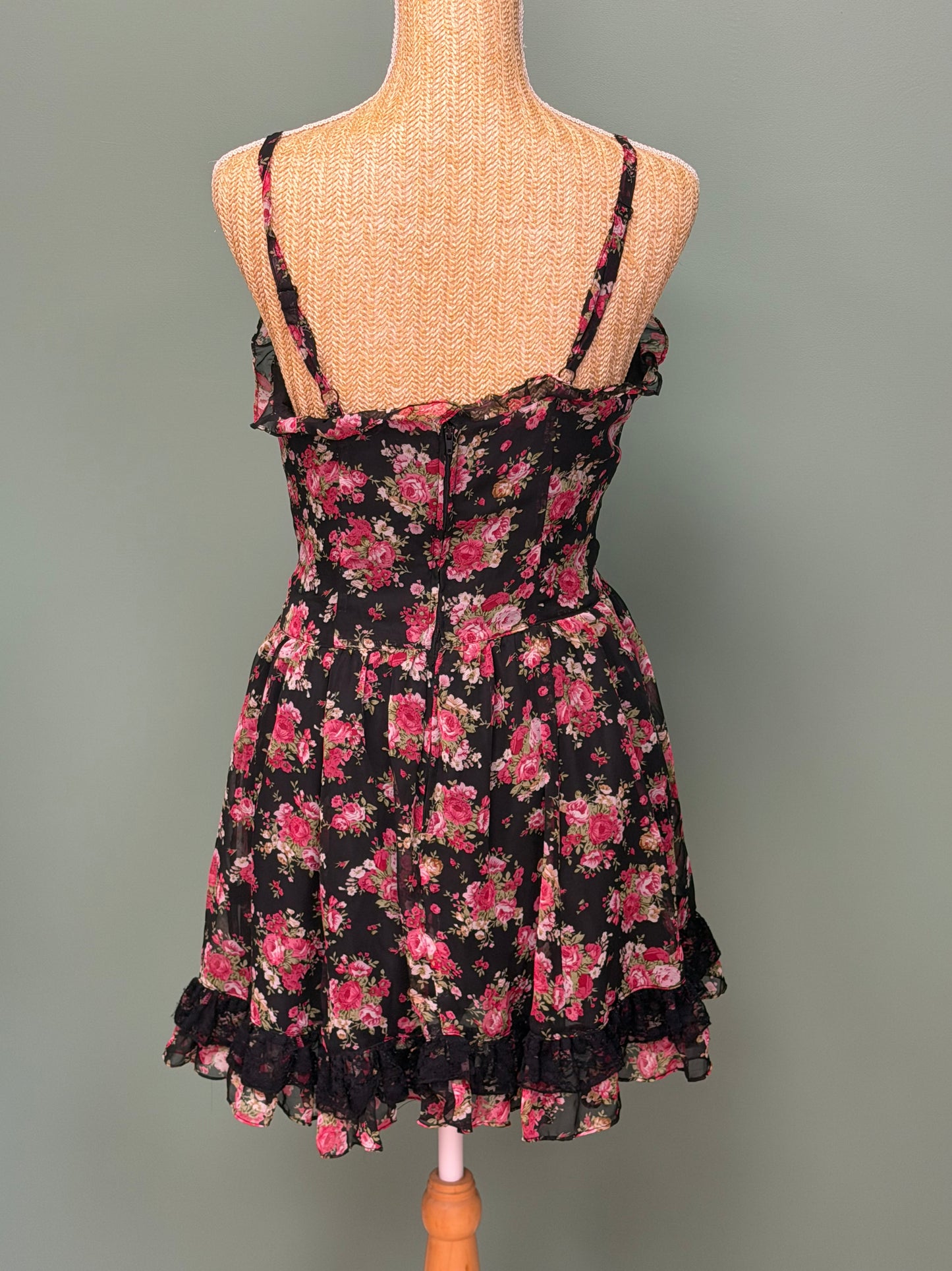 Robe Fleurie Noire & Rose Esprit Bohème Romantique  - Taille M